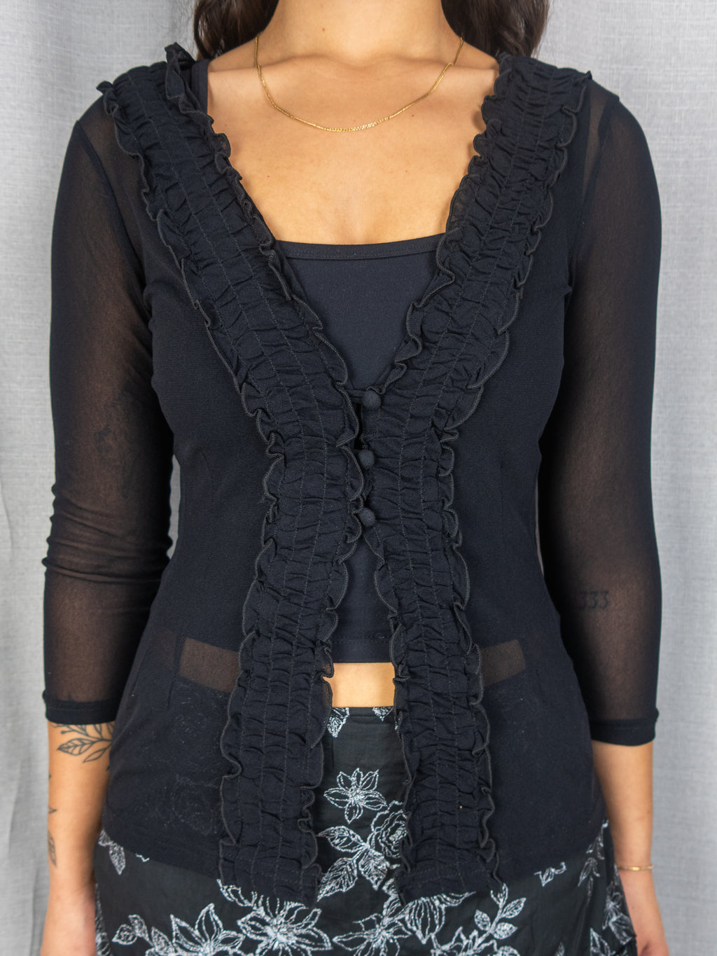 Y2K Jacqui E Sheer Mesh Top - Black Ruffle Trim - Size S