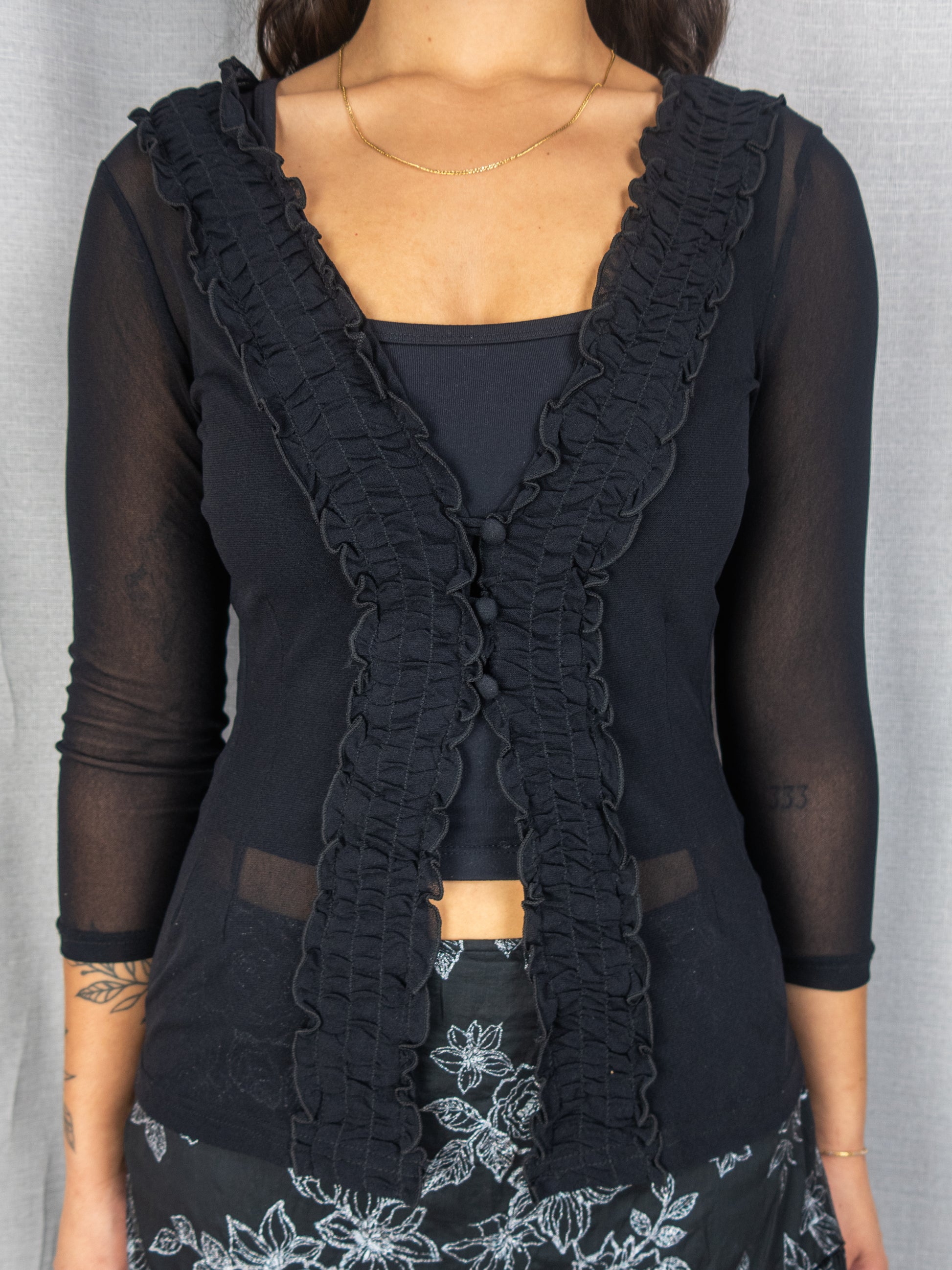 Y2K Jacqui E Sheer Mesh Top - Black Ruffle Trim - Size S