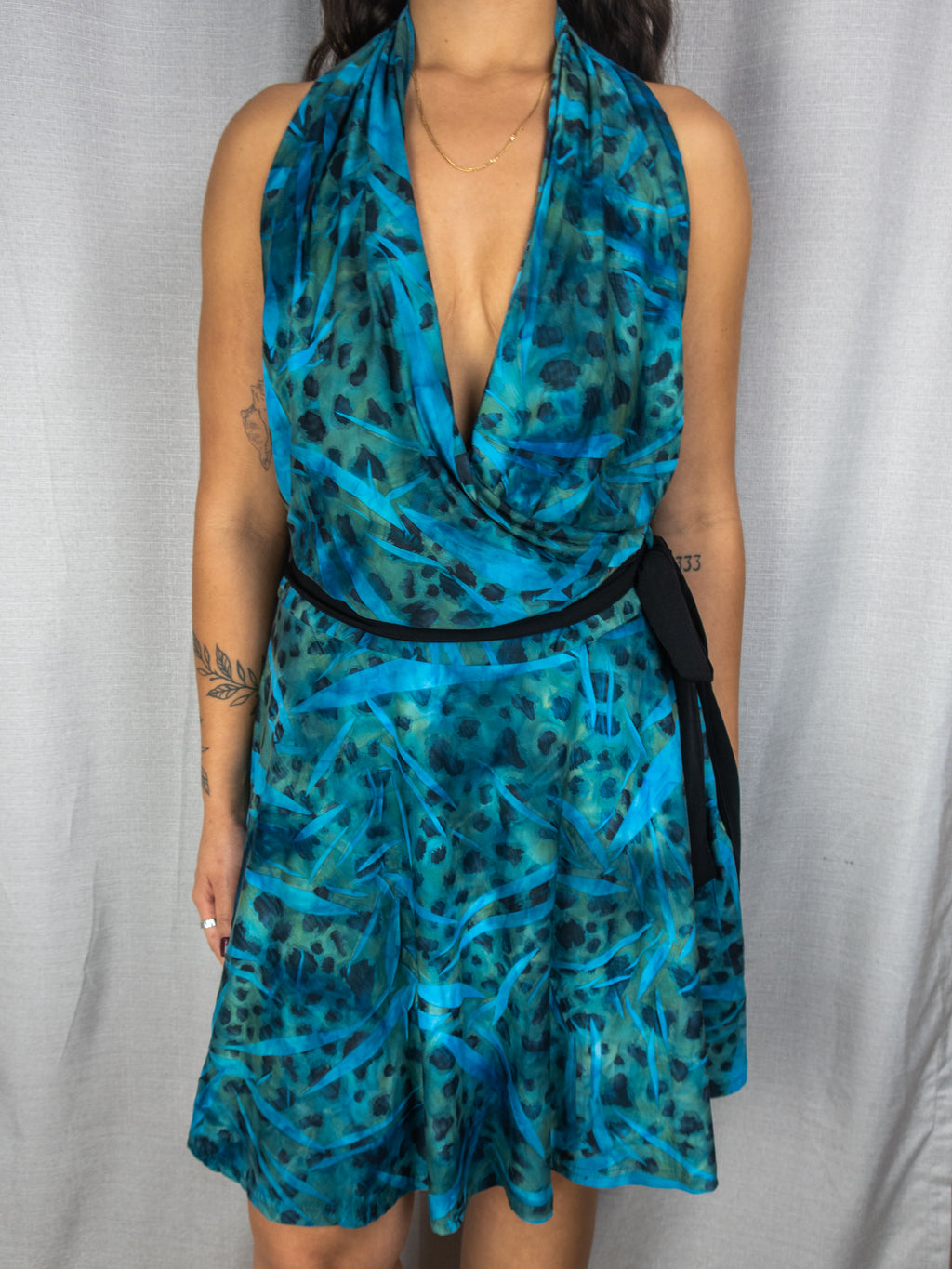 Vintage Powerhouse Halter Midi Dress - Blue Abstract Print - Size 10