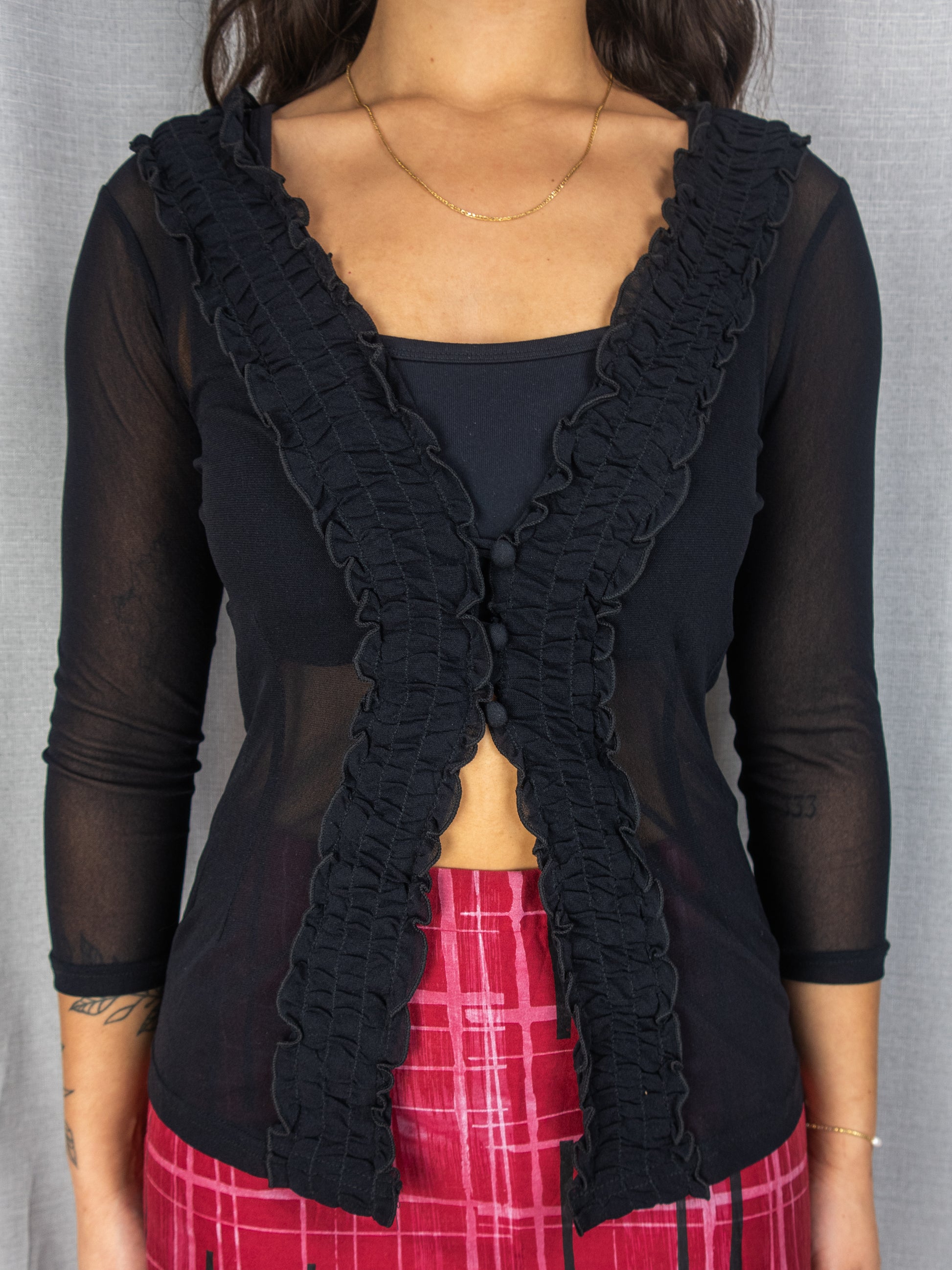 Y2K Jacqui E Sheer Mesh Top - Black Ruffle Trim - Size S
