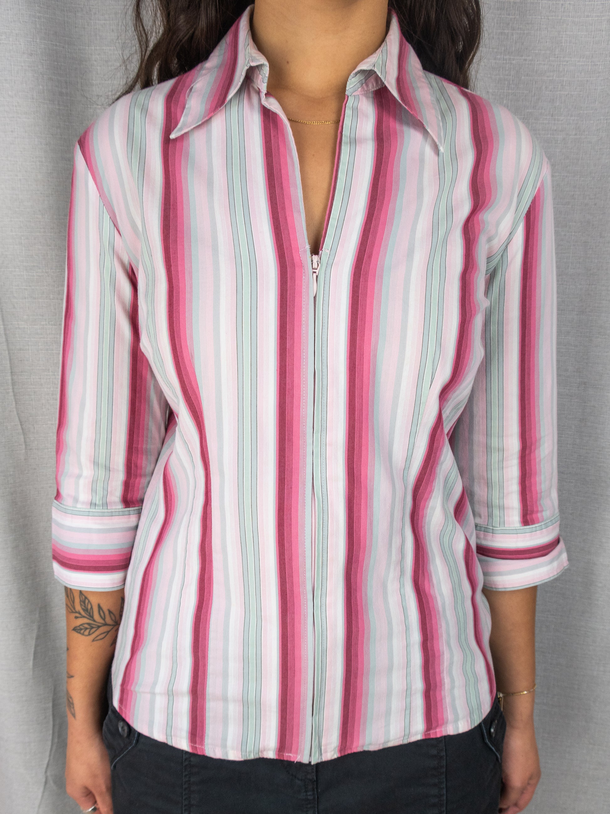 Y2K Miller’s Striped Zip Blouse - Pastel Pink - Size 10