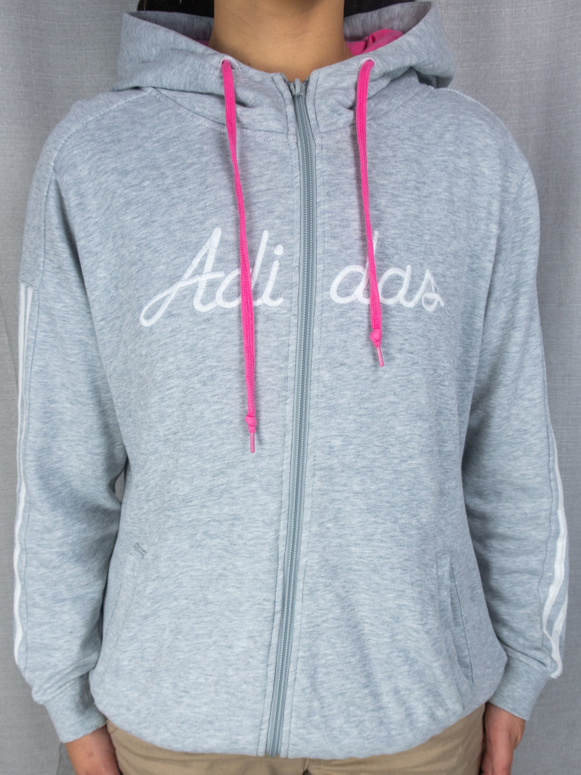 Y2K Adidas Hooded Jacket - Grey Pink Detail - Size M