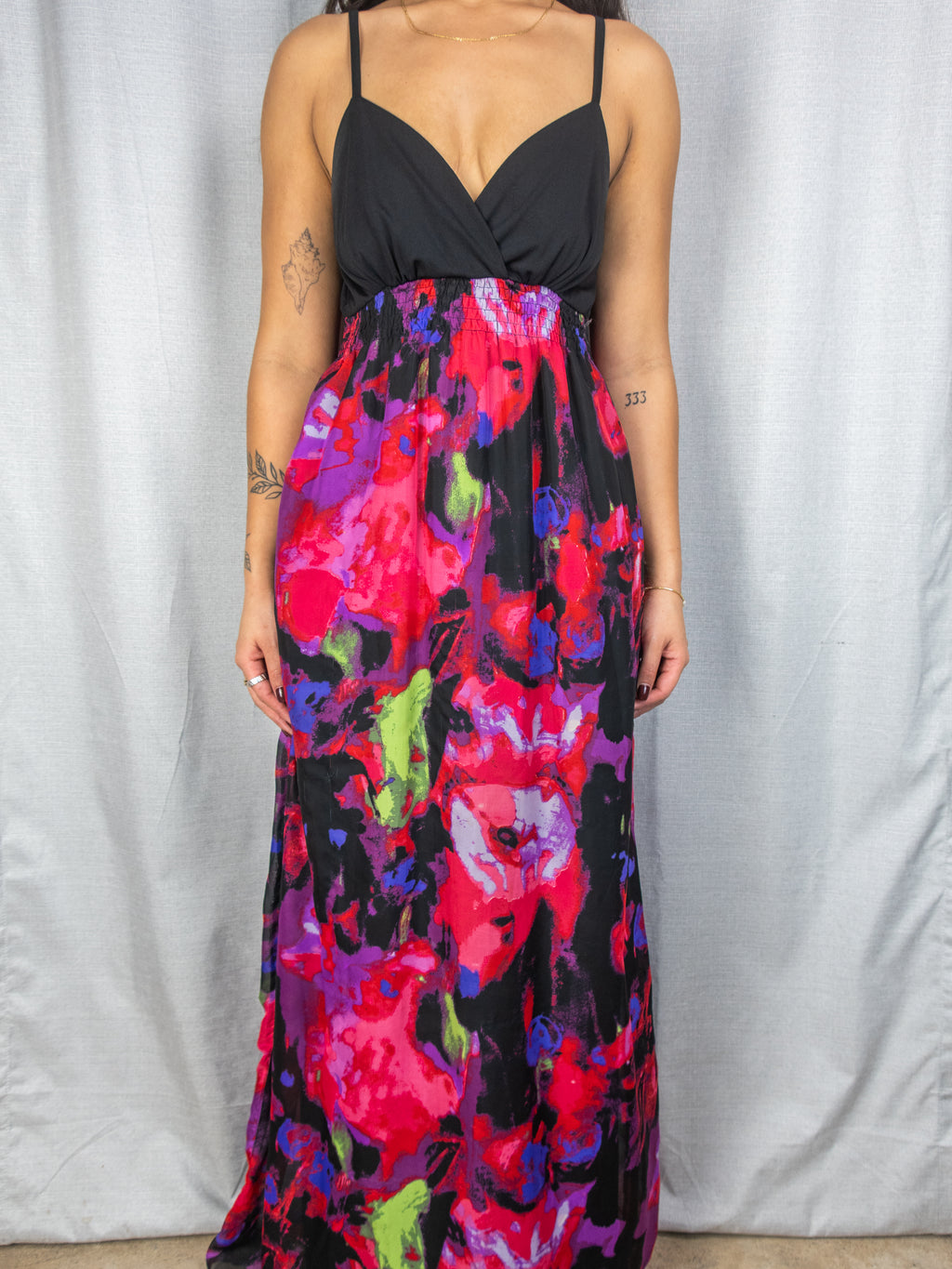 Y2K Crossroads Maxi Dress - Black Bodice Floral Skirt - Size 8