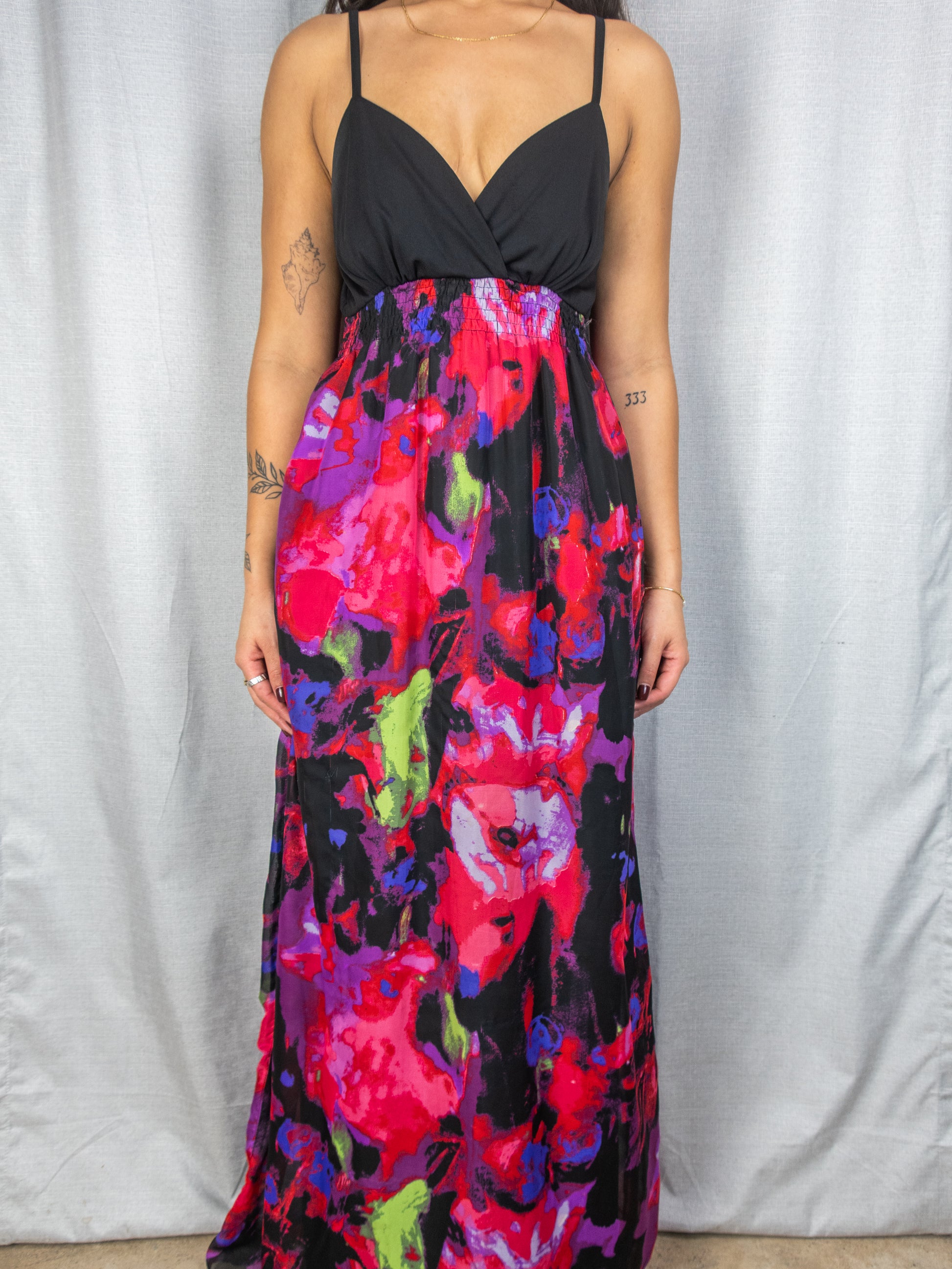 Y2K Crossroads Maxi Dress - Black Bodice Floral Skirt - Size 8