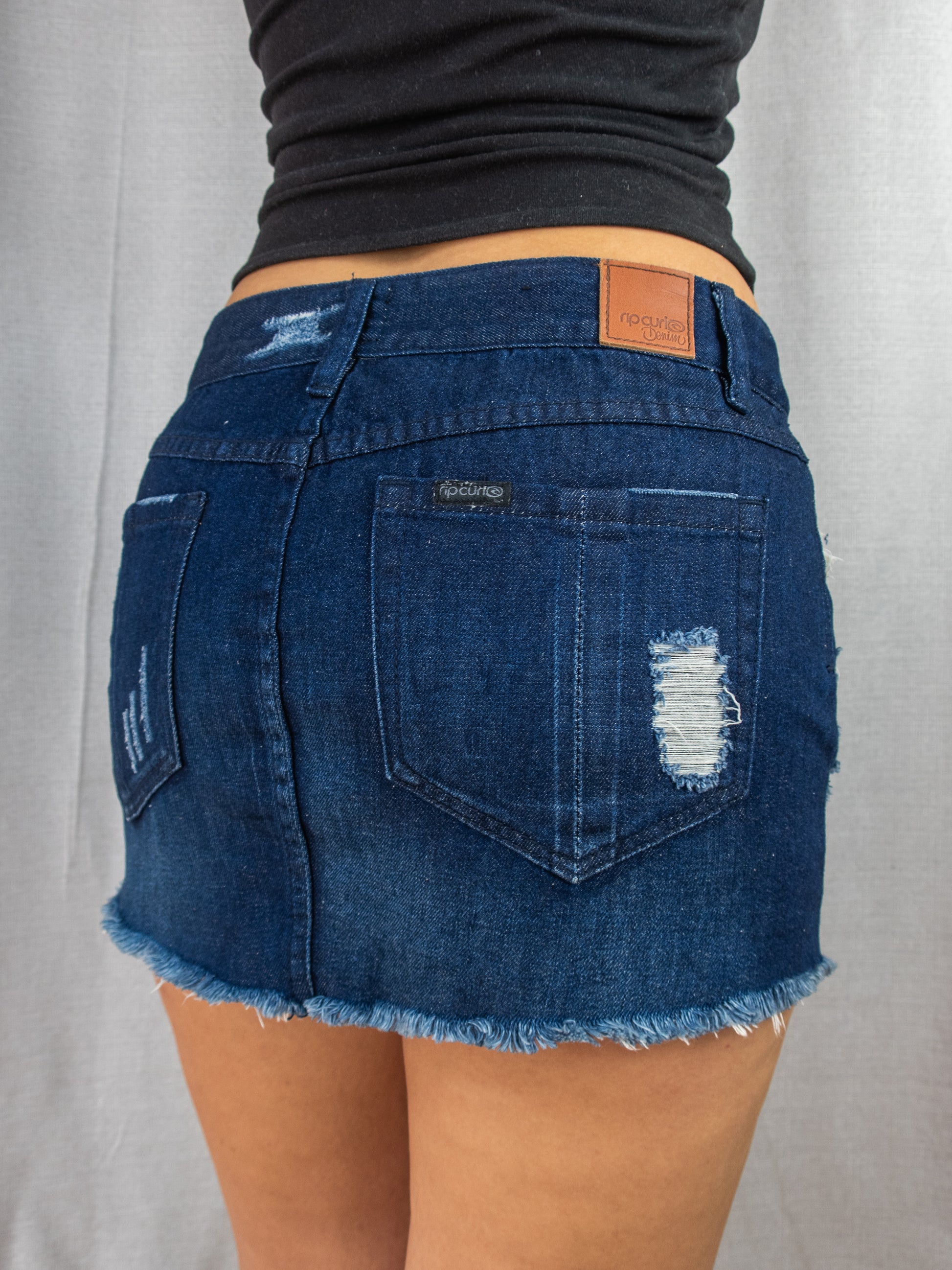 Y2K Rip Curl Denim Mini Skirt - Distressed Raw Hem - Size 10