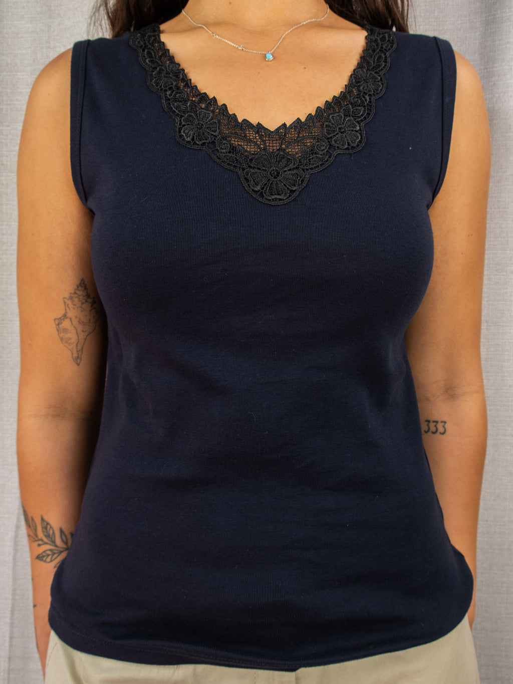 Y2K Sunflower Lace Trim Tank - Black Cotton - Size 12