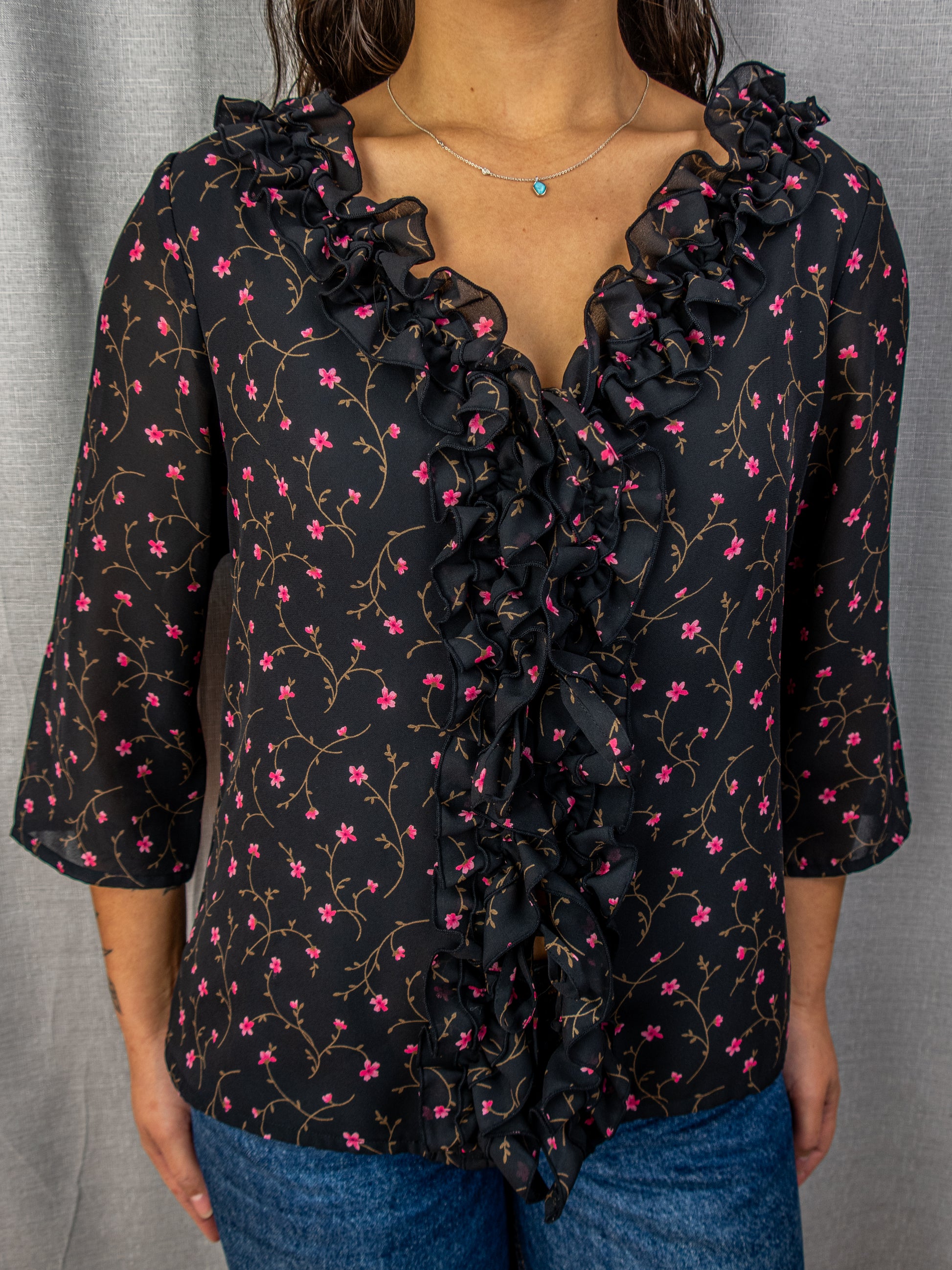 Y2K Liz Jordan Floral Ruffle Blouse - Black - Size M