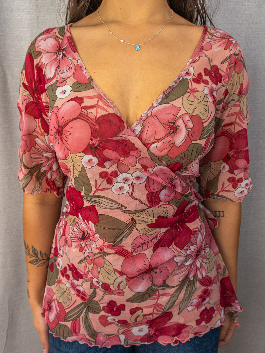 Y2K BeMe Floral Mesh Wrap Top - Pink - Size 12