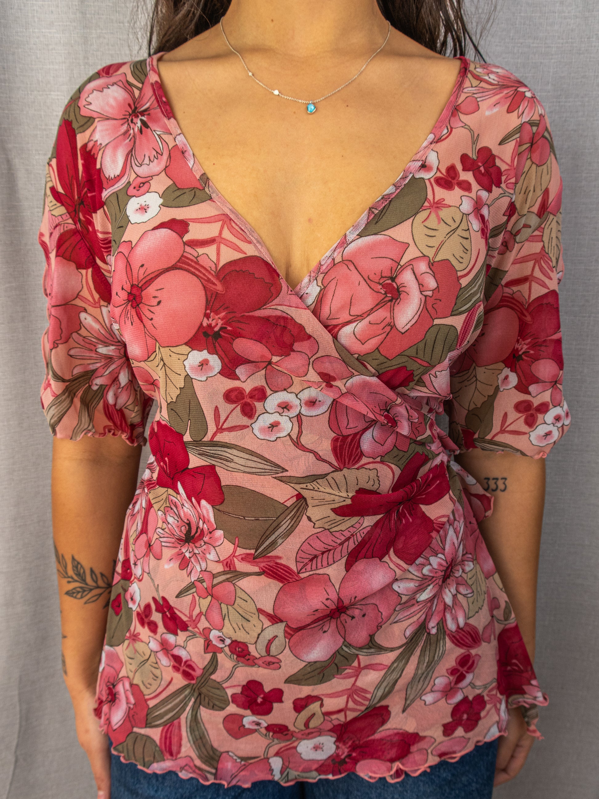 Y2K BeMe Floral Mesh Wrap Top - Pink - Size 12