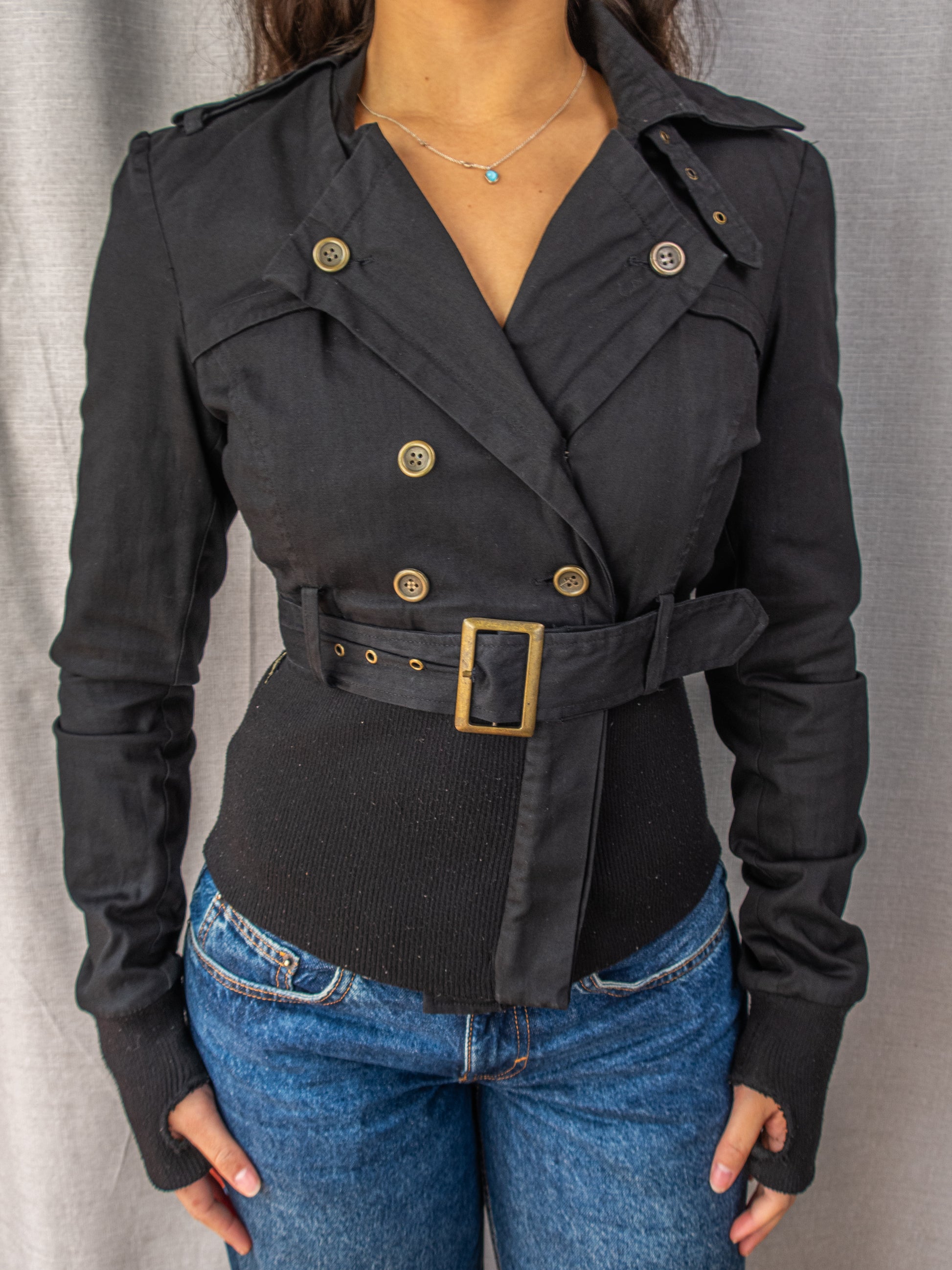 Y2K One Teaspoon Cropped Trench Jacket - Black - Size 6
