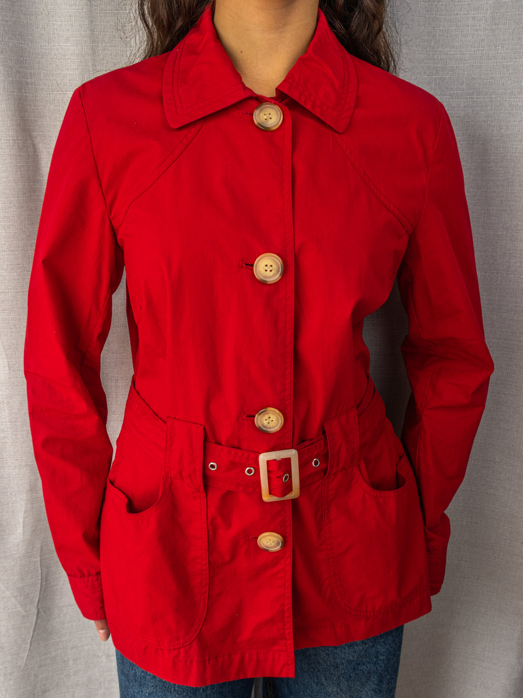 Y2K Simona Sport Jacket - Belted Red Cotton - Size 12