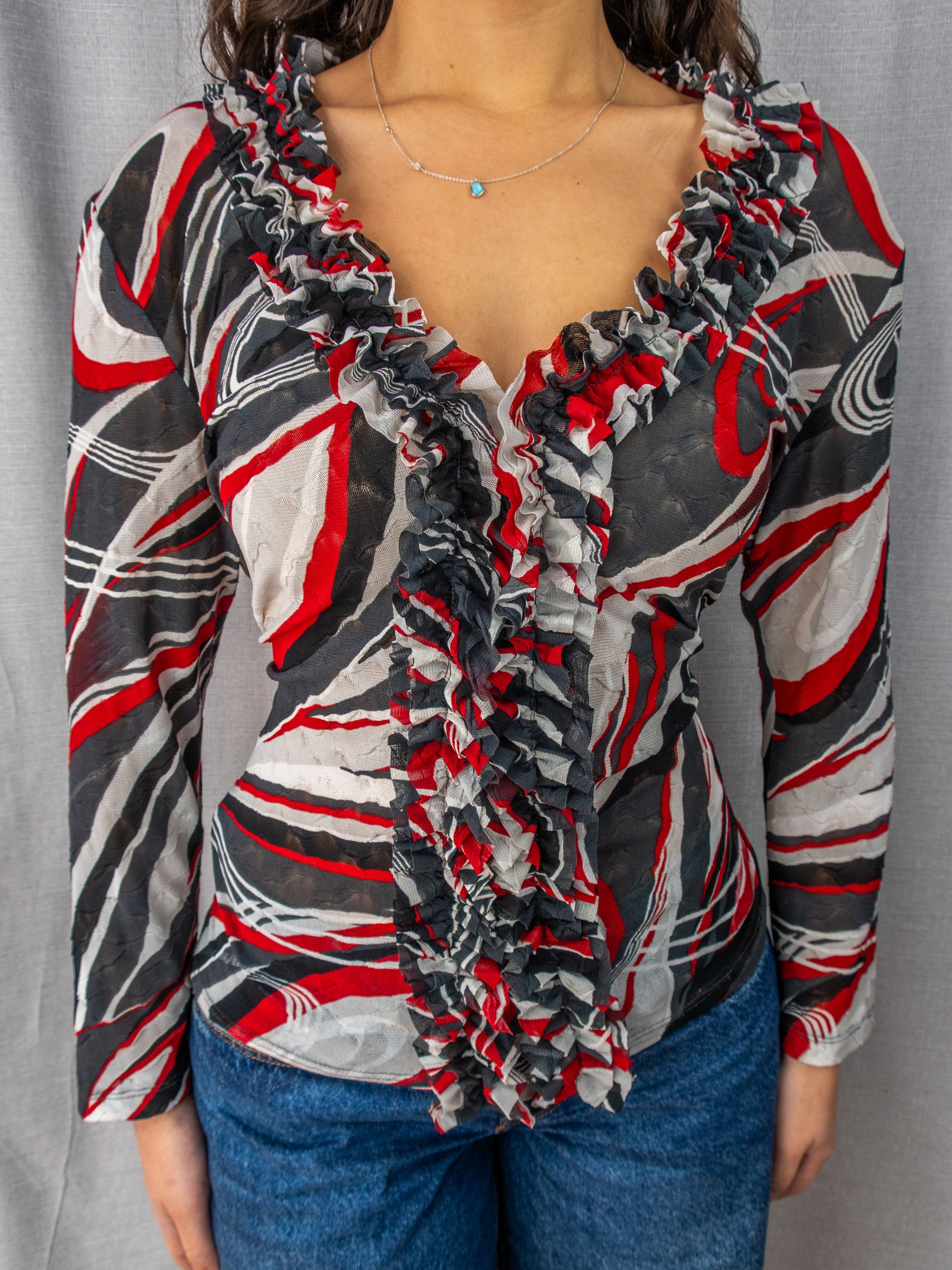 Y2K Simona Mesh Top - Abstract Print Ruffle - Size 12