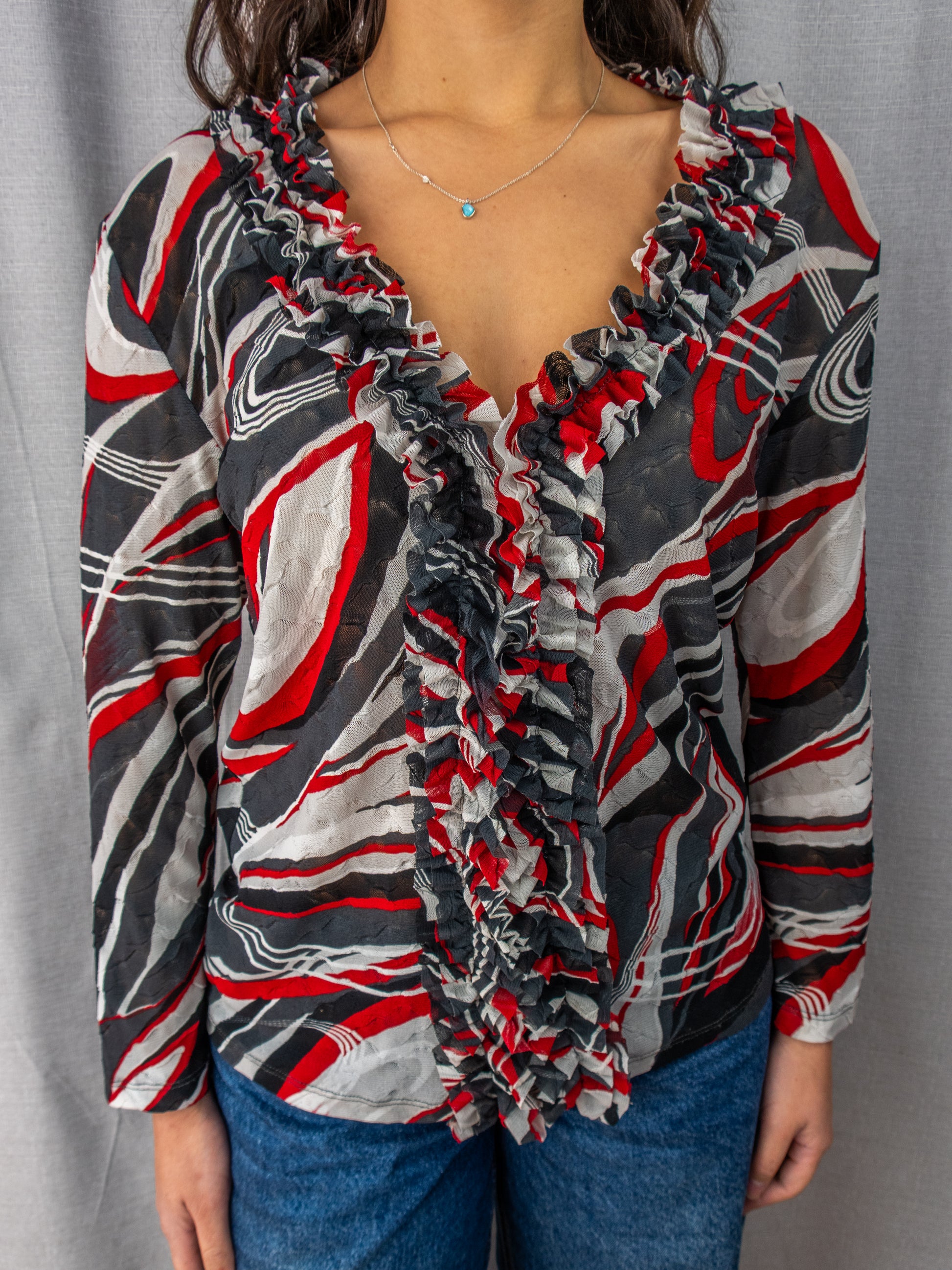 Y2K Simona Mesh Top - Abstract Print Ruffle - Size 12