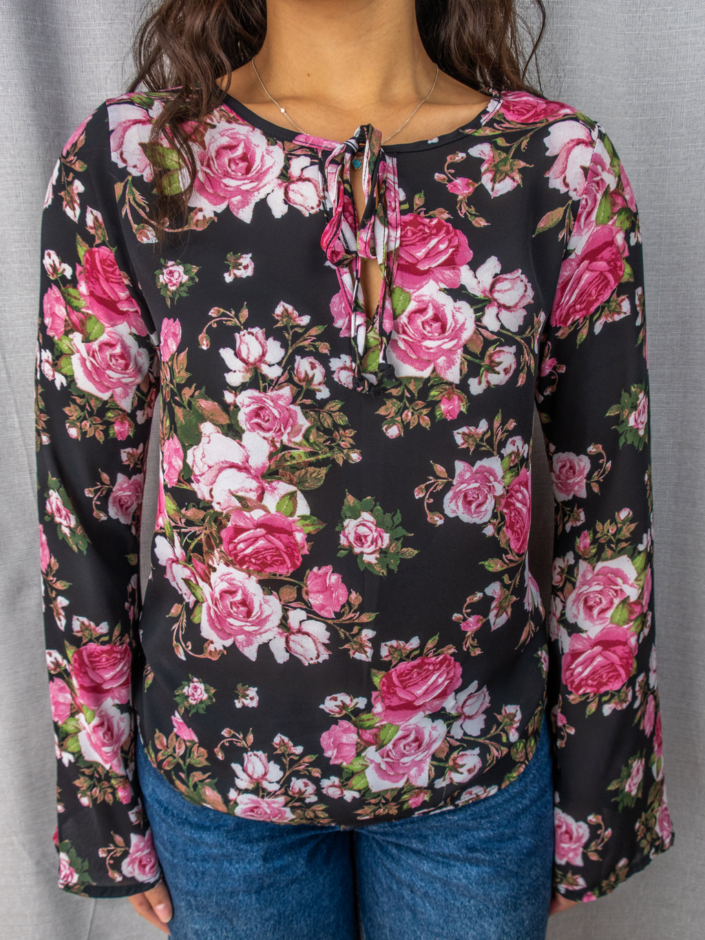 Vintage Prospect Blvd Sheer Floral Top - Black Pink Roses - Size Small