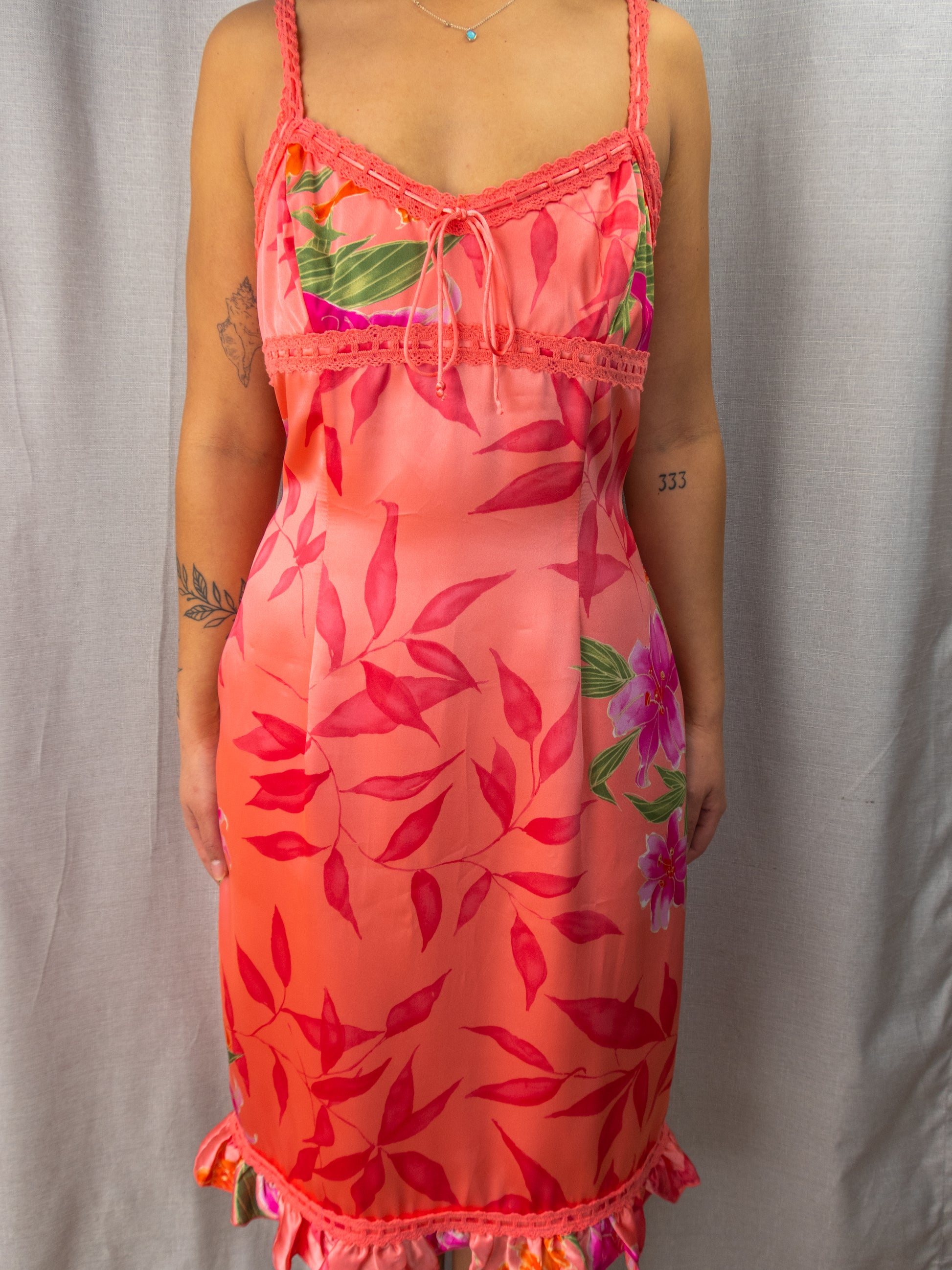 Y2K Events Slip Dress - Floral Satin Lace Trim - Size 12