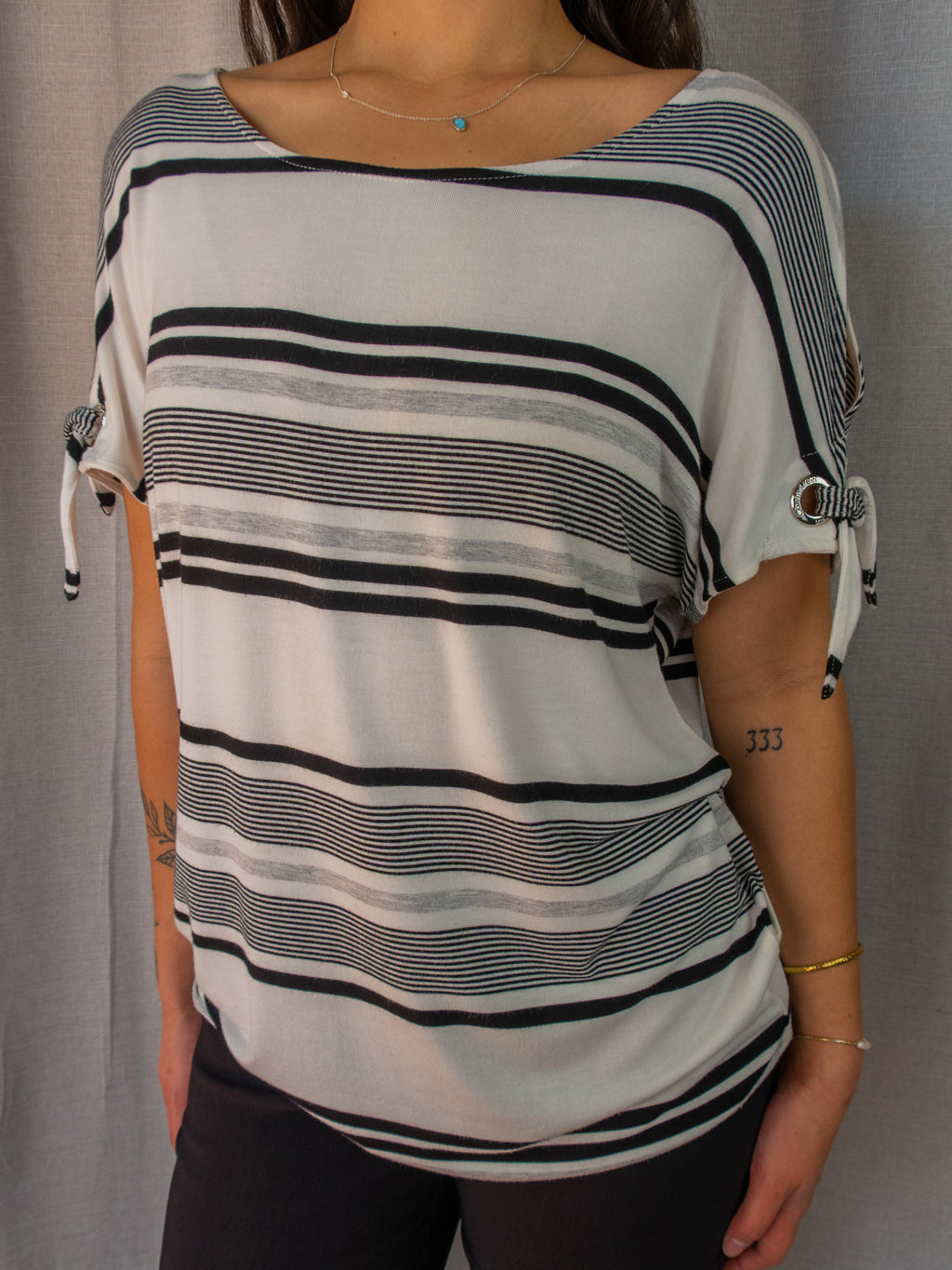 Calvin Klein Stripe Cut-Out Top - White & Black - Size M