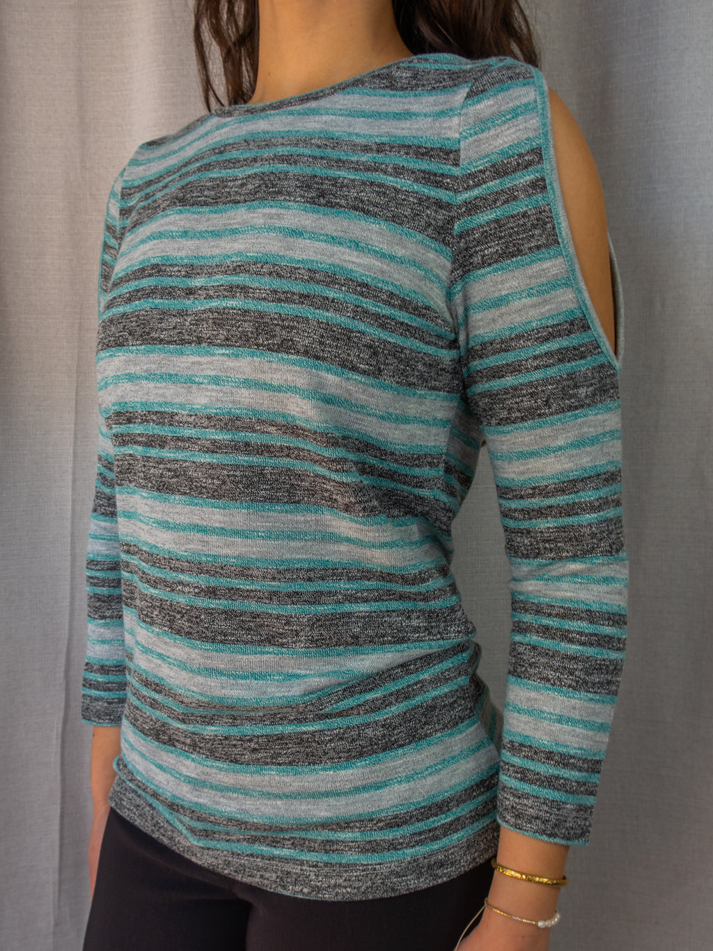Y2K Together Striped Cut-Out Top - Blue/Grey - Size 10