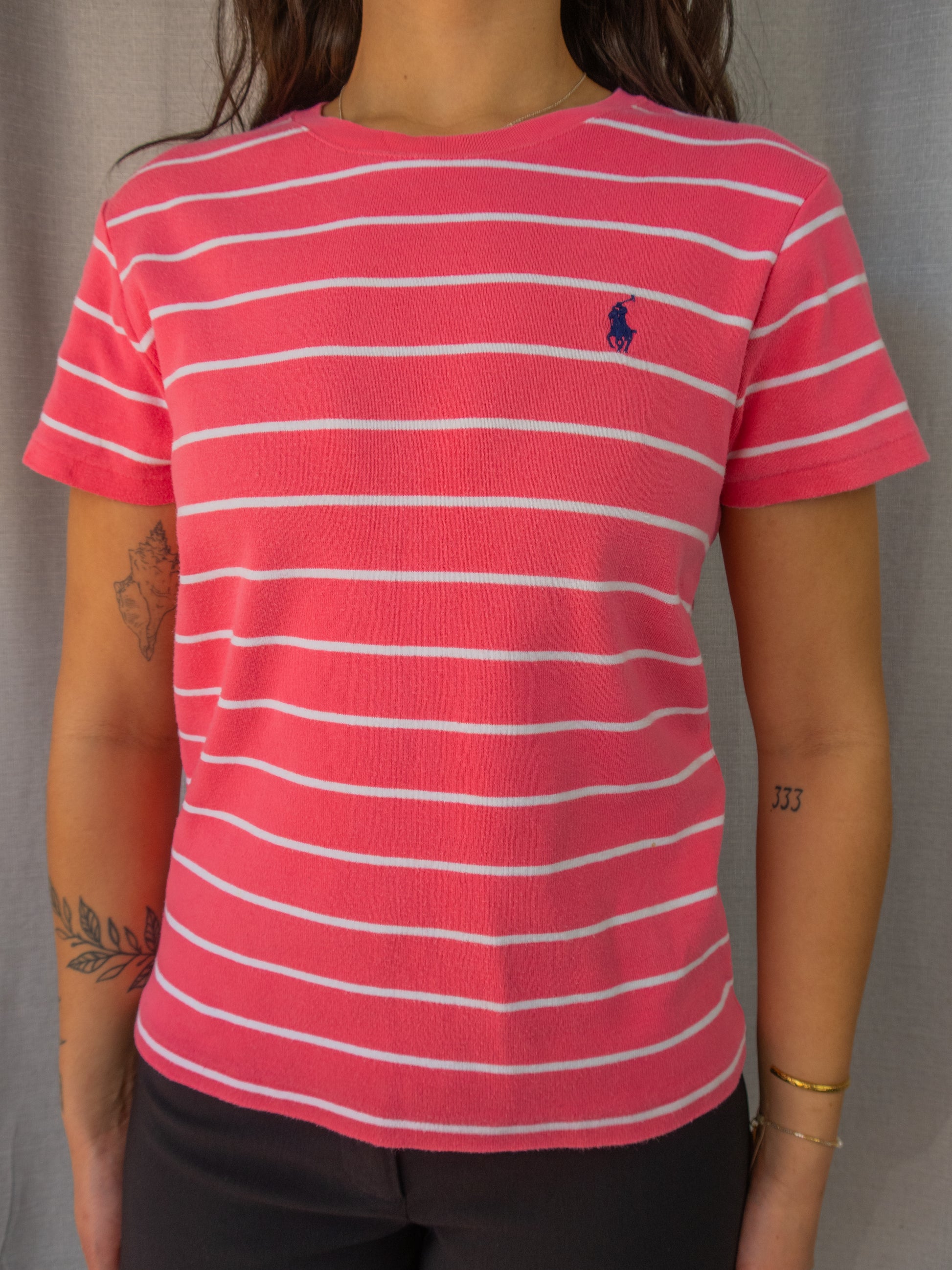 Vintage Ralph Lauren Sport Striped Tee - Pink White Logo - Size L