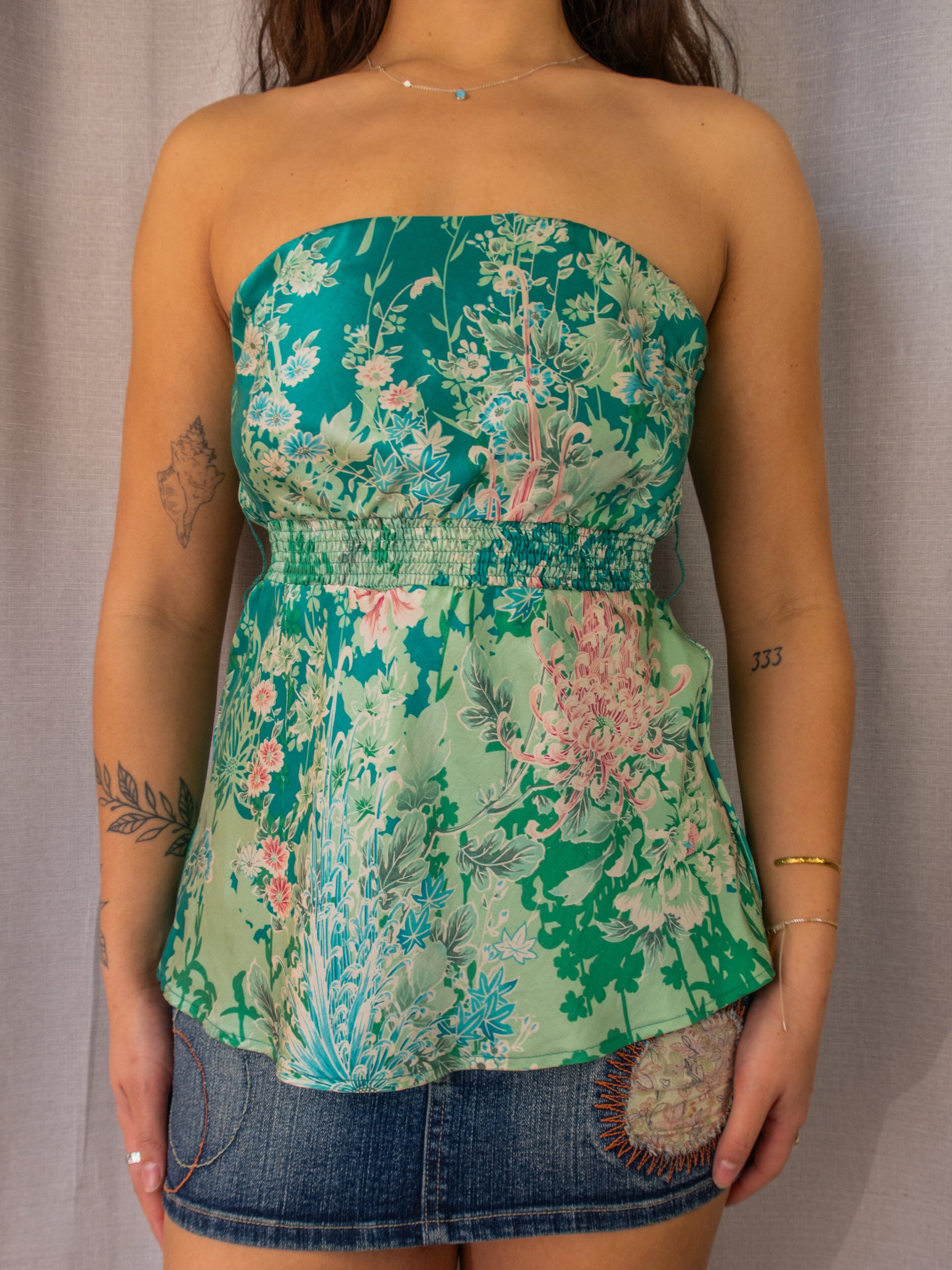 Y2K Warehouse Strapless Top - Green Floral - Size 8