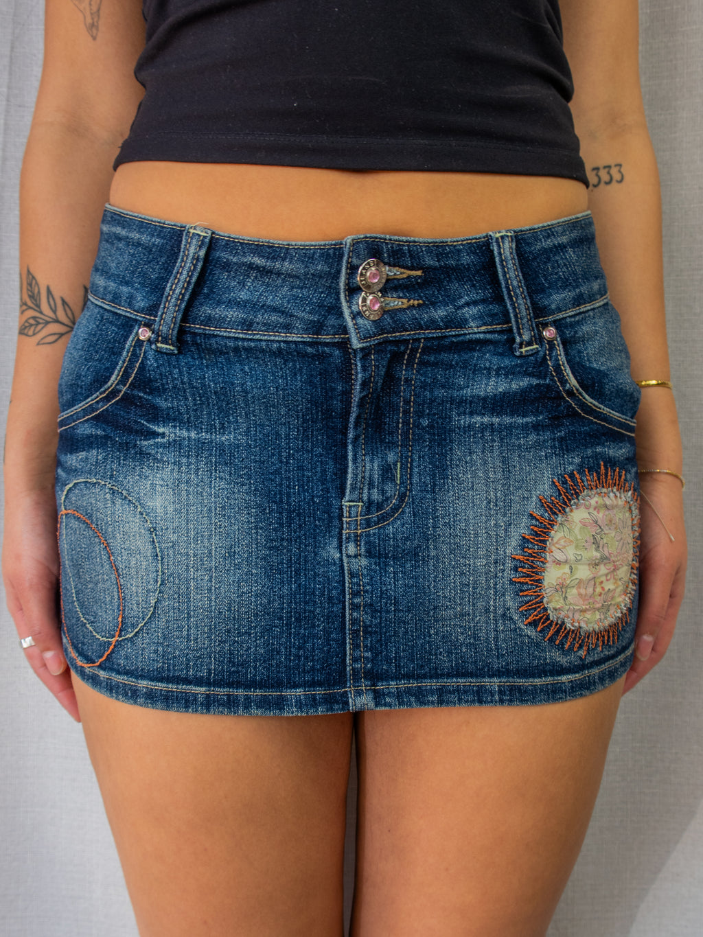 Y2K Kai Long Denim Mini Skirt - Embroidered Detail - Size 8