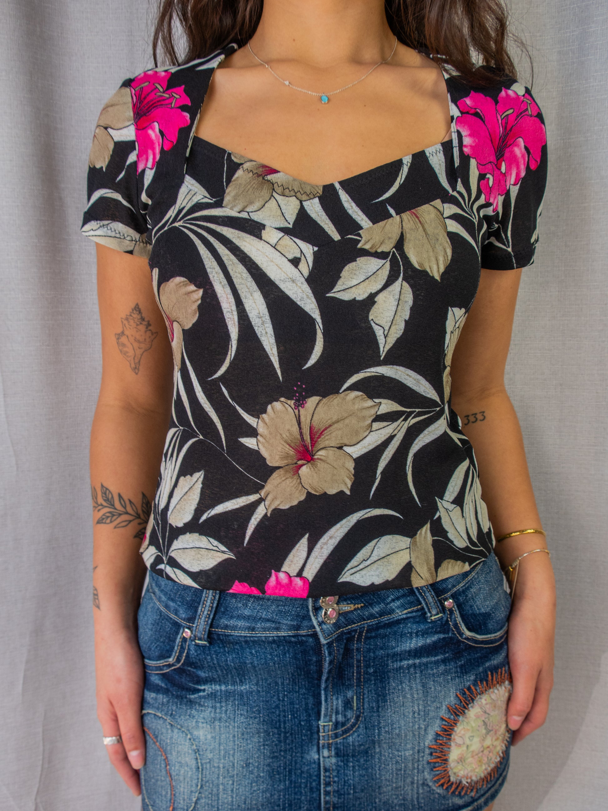 Capital M Floral Top - Black - Size S