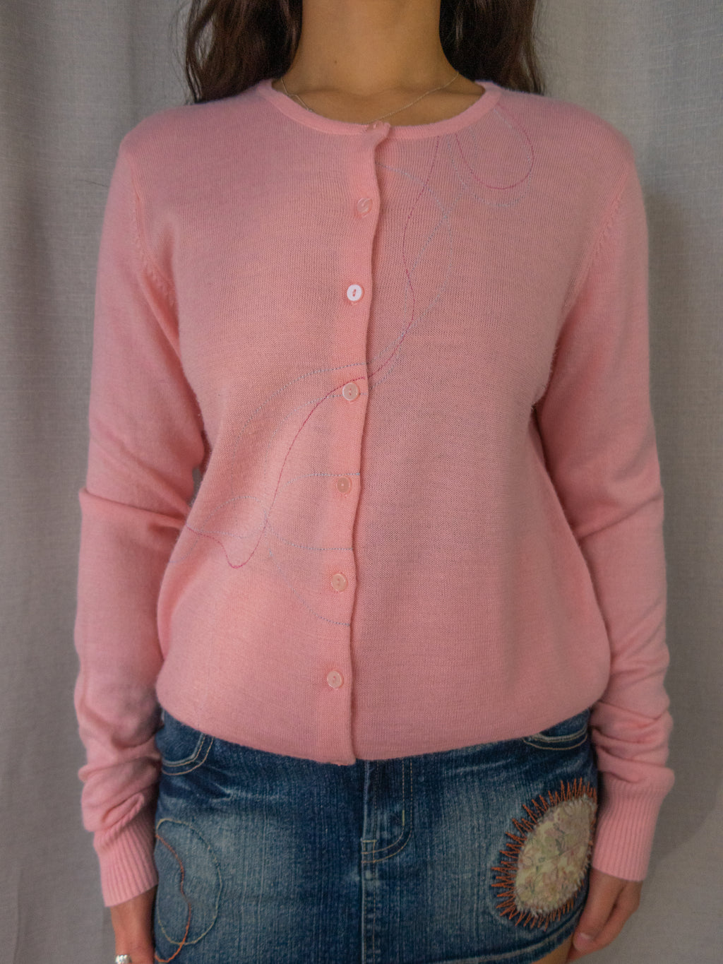 Y2K Velour Girl Cardigan - Soft Pink Embroidered - Size L