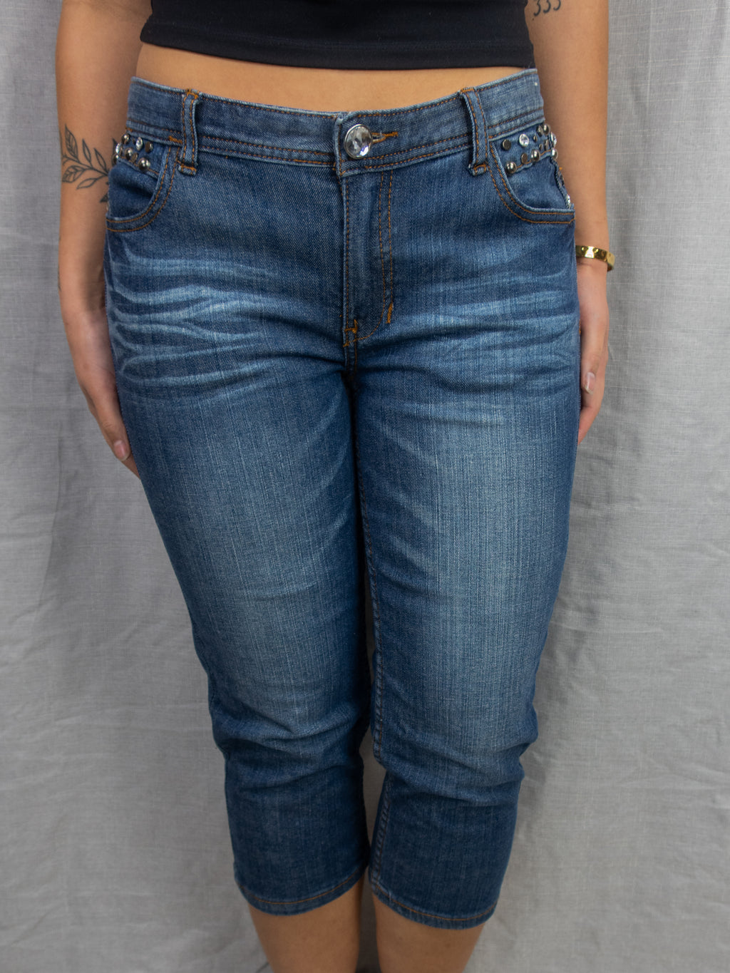 Y2K GNG Jeans Studded Capri Denim Jeans - Blue - Size 12