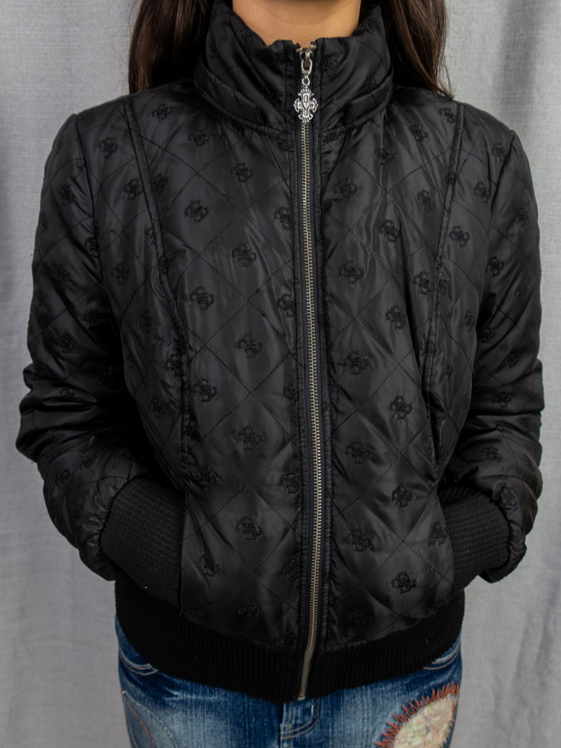 Y2K Guess Jeans Quilted Jacket - Monogram Black - Size M