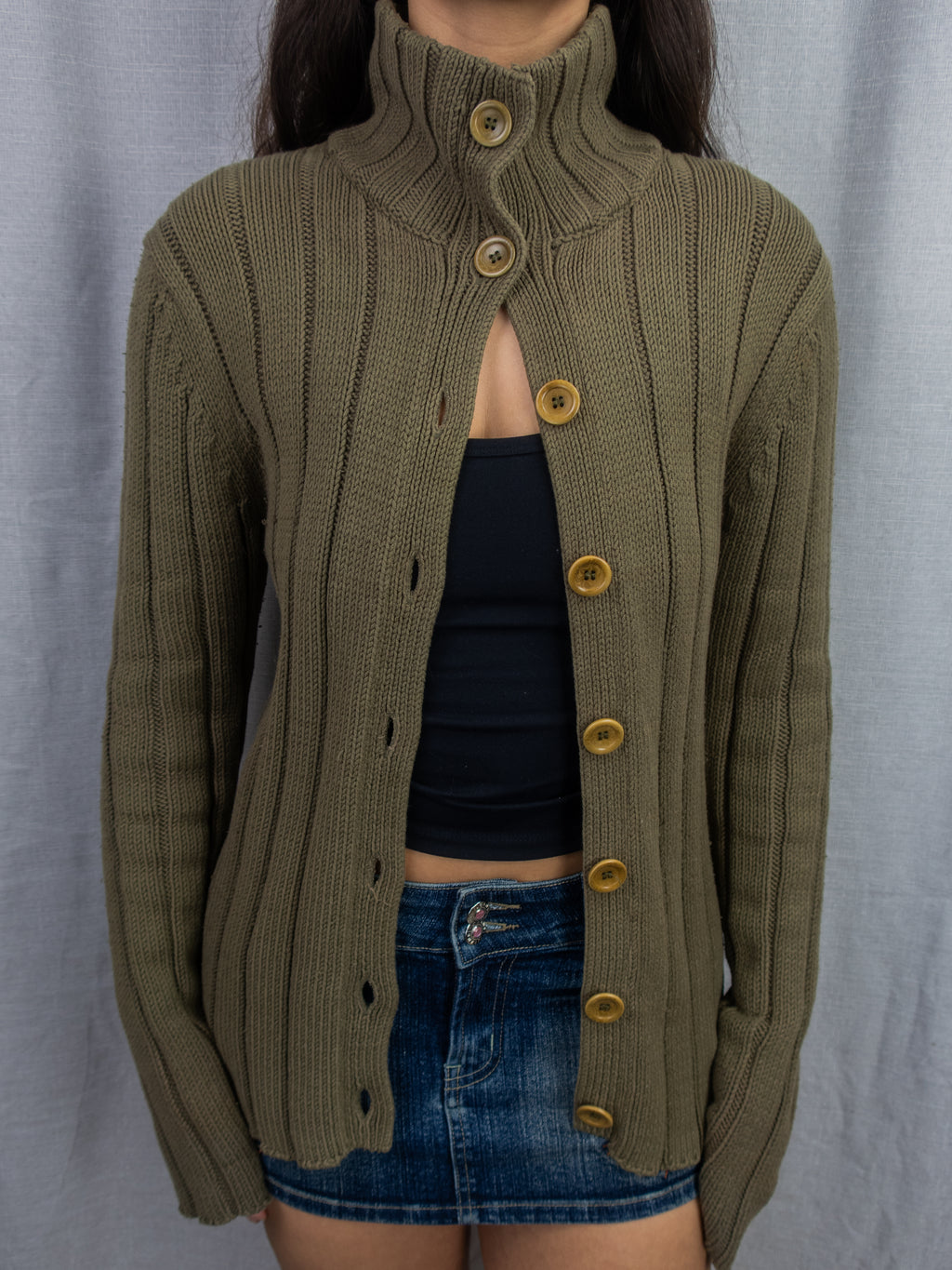 Y2K Esprit Rib Knit Button Cardigan - Khaki - Size L