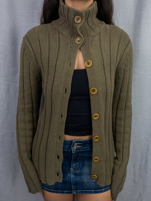 Y2K Esprit Rib Knit Button Cardigan - Khaki - Size L