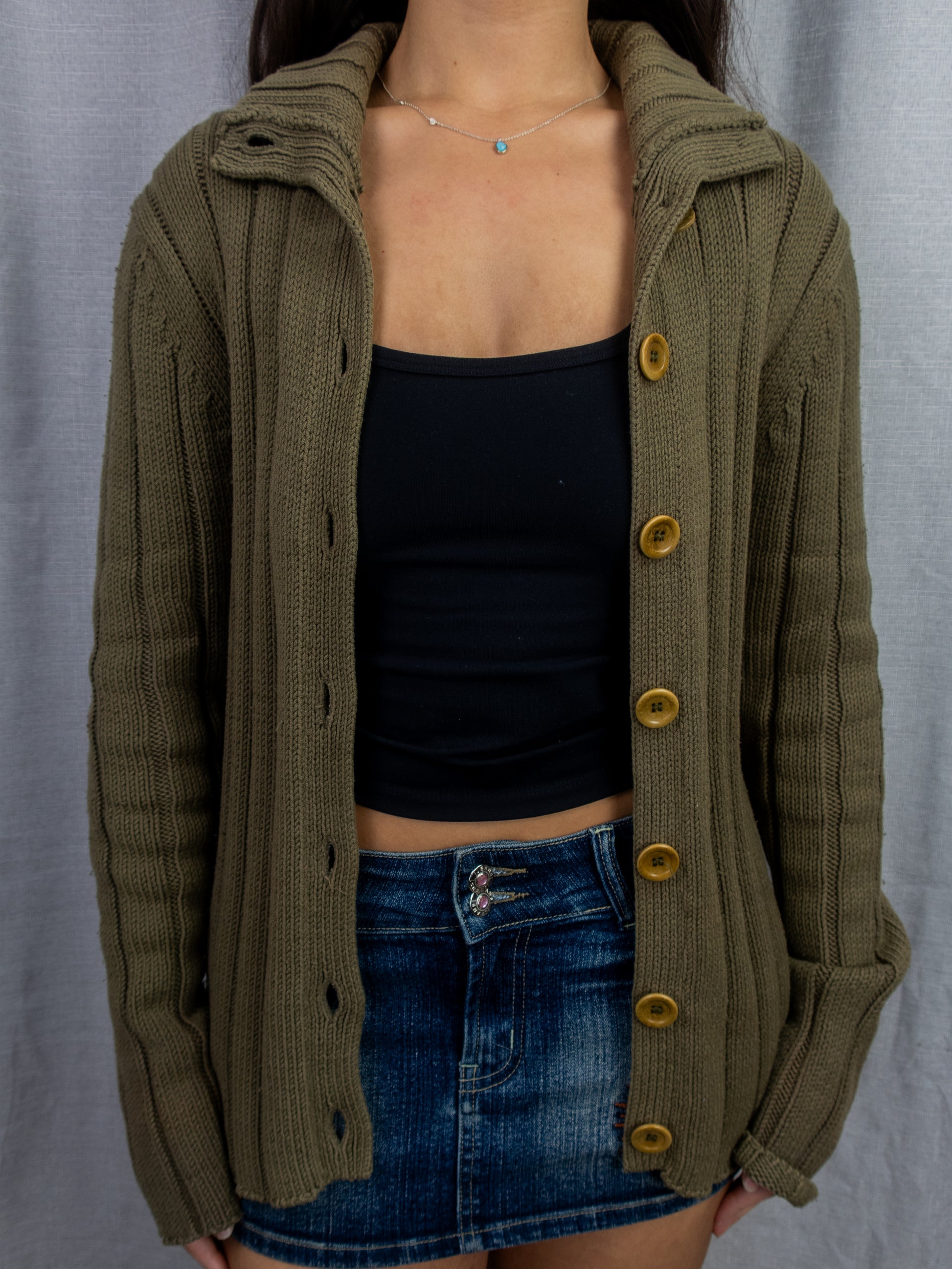 Y2K Esprit Rib Knit Button Cardigan - Khaki - Size L