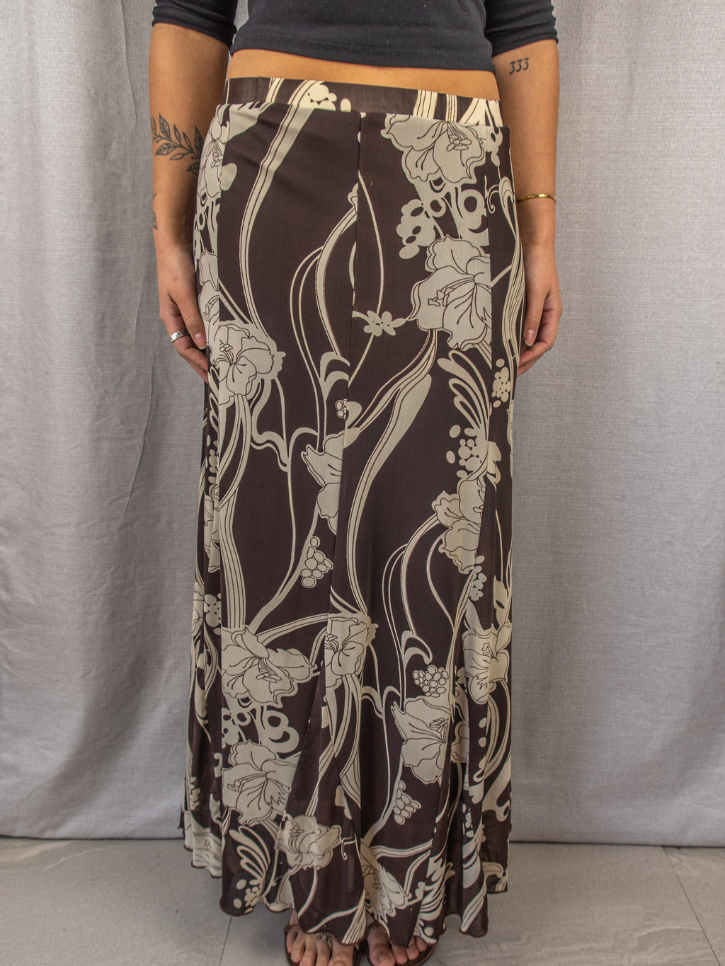 Y2K Floral Maxi Skirt - Brown Beige Print - Size L