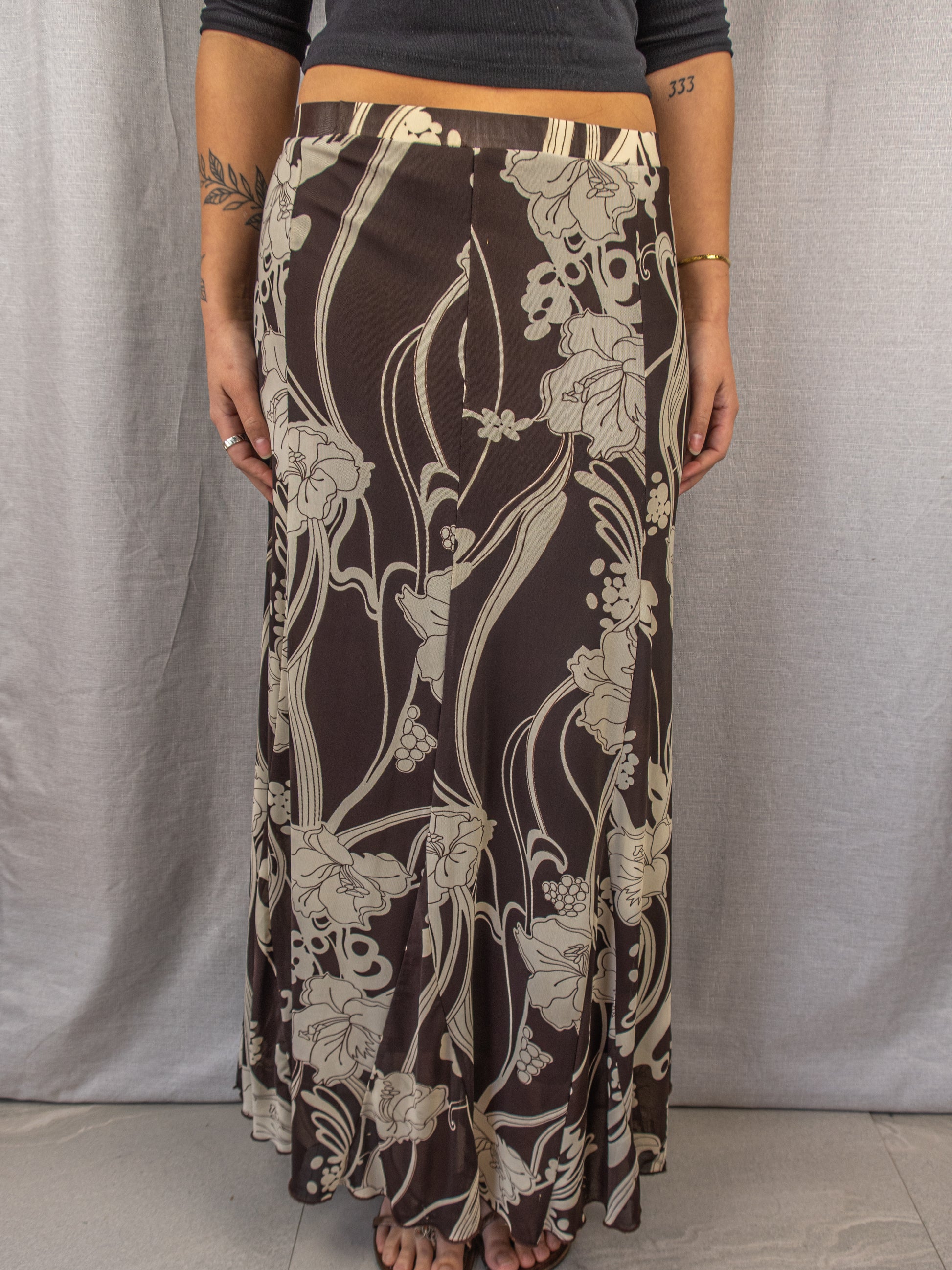 Y2K Floral Maxi Skirt - Brown Beige Print - Size L