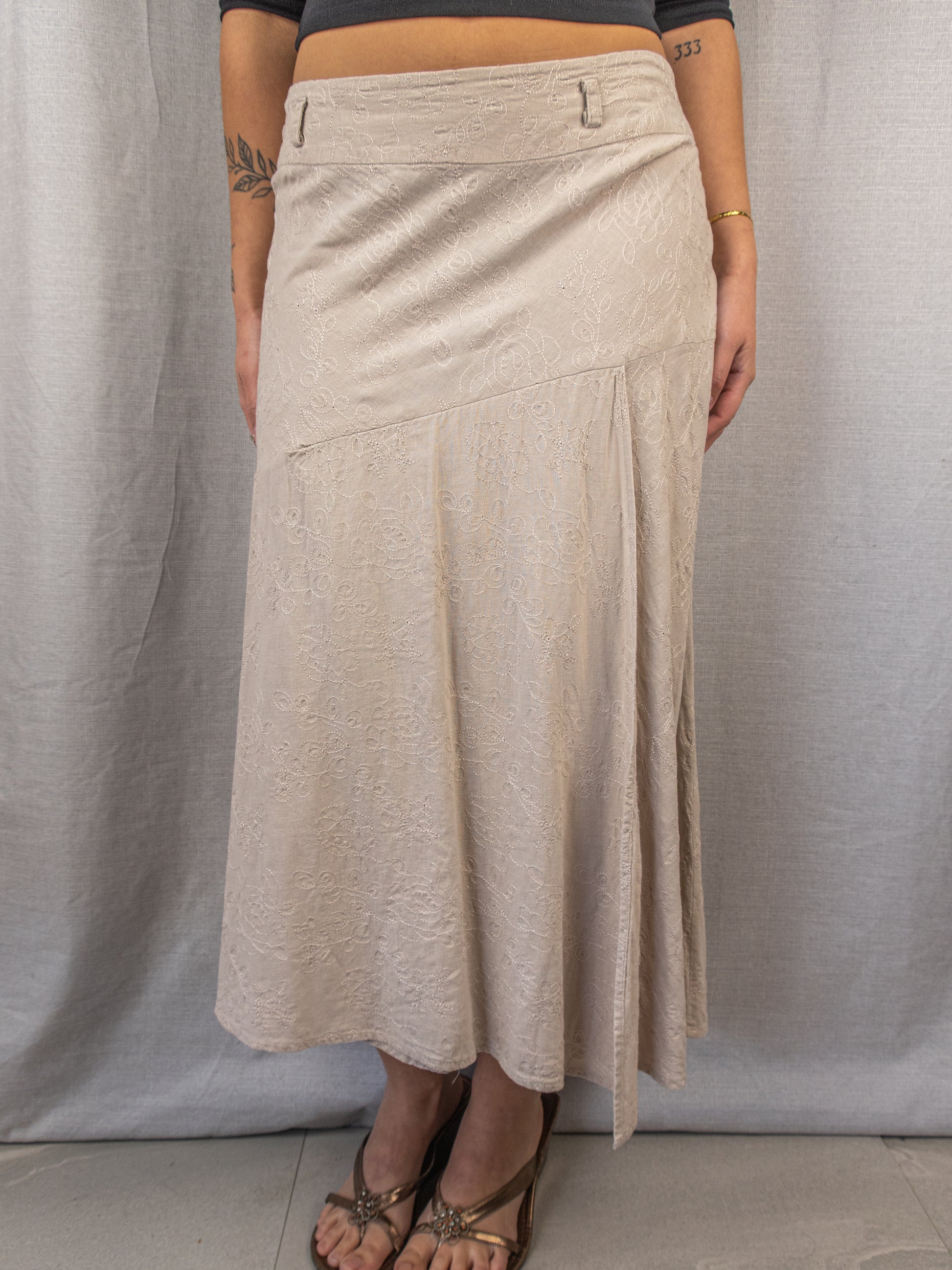 Vintage Embroidered Floral Midi Skirt - Beige - Size 16