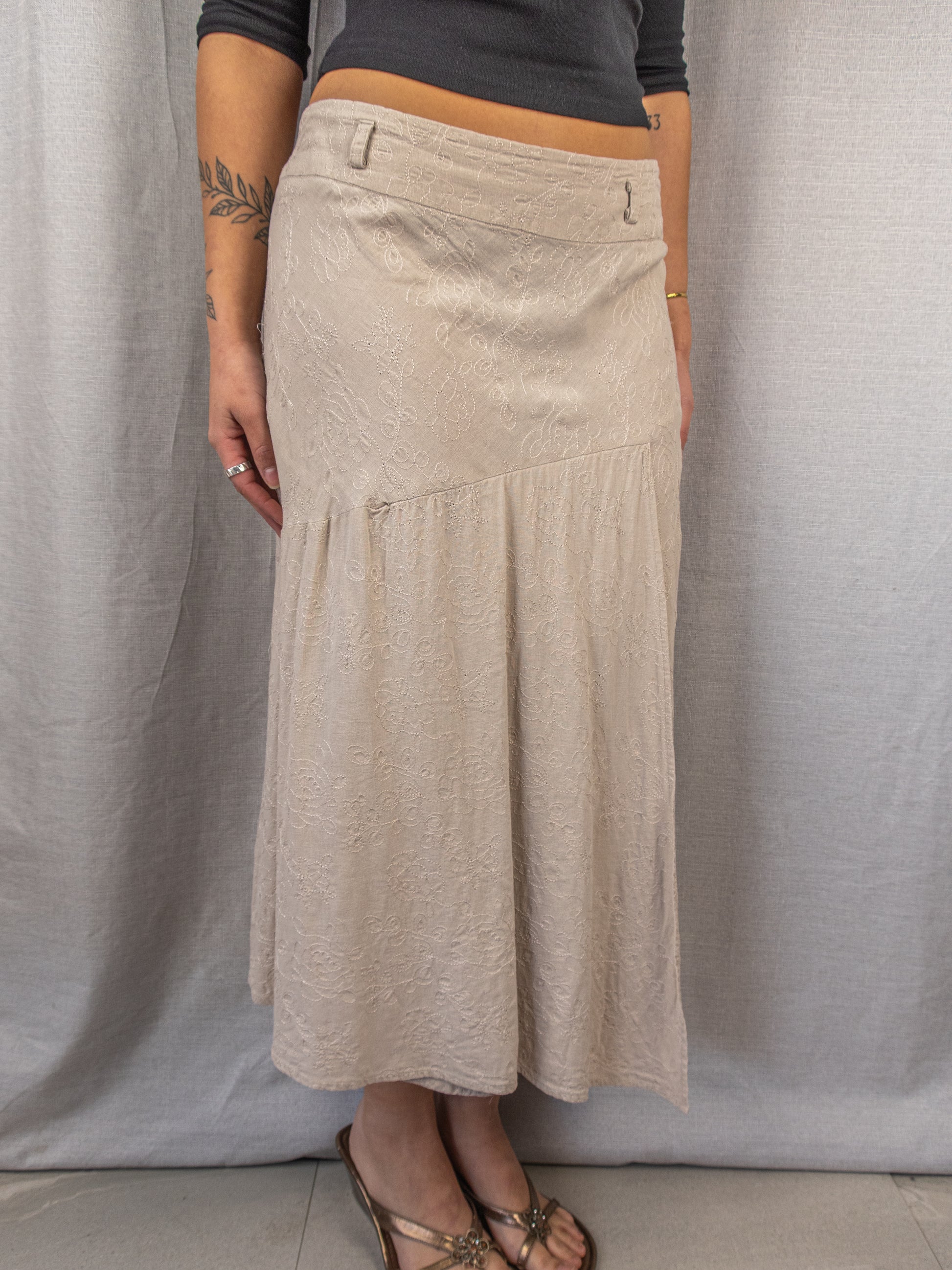 Vintage Embroidered Floral Midi Skirt - Beige - Size 16