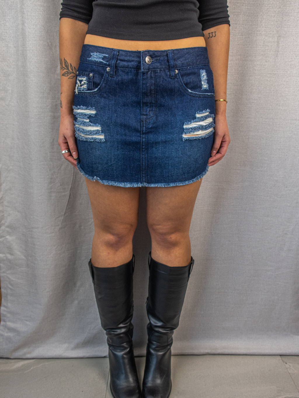 Y2K Rip Curl Denim Mini Skirt - Distressed Raw Hem - Size 10