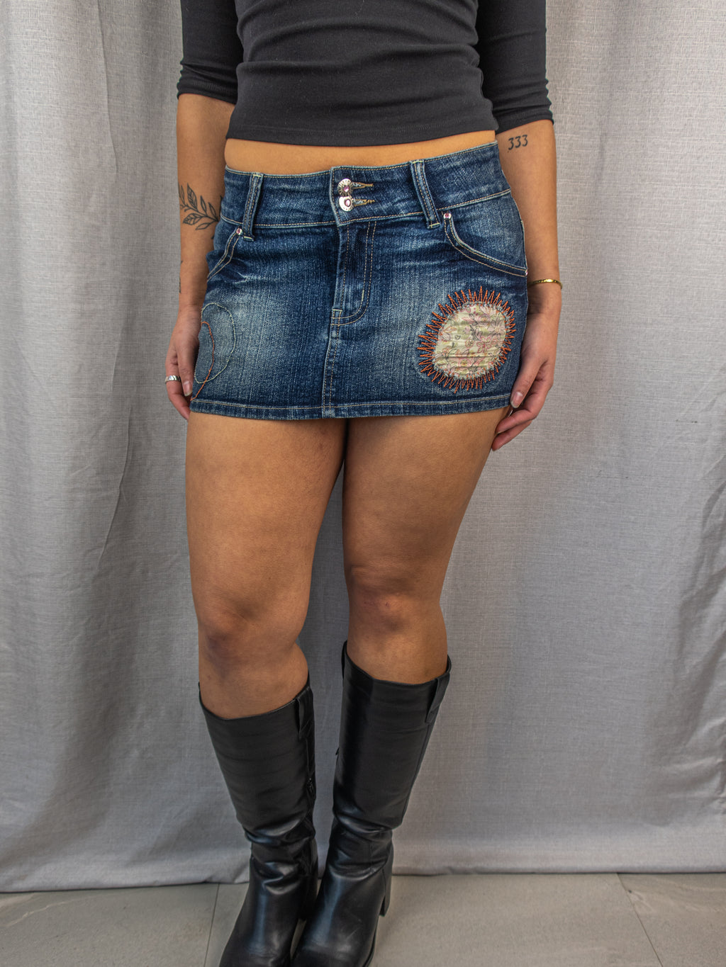 Y2K Kai Long Denim Mini Skirt - Embroidered Detail - Size 8