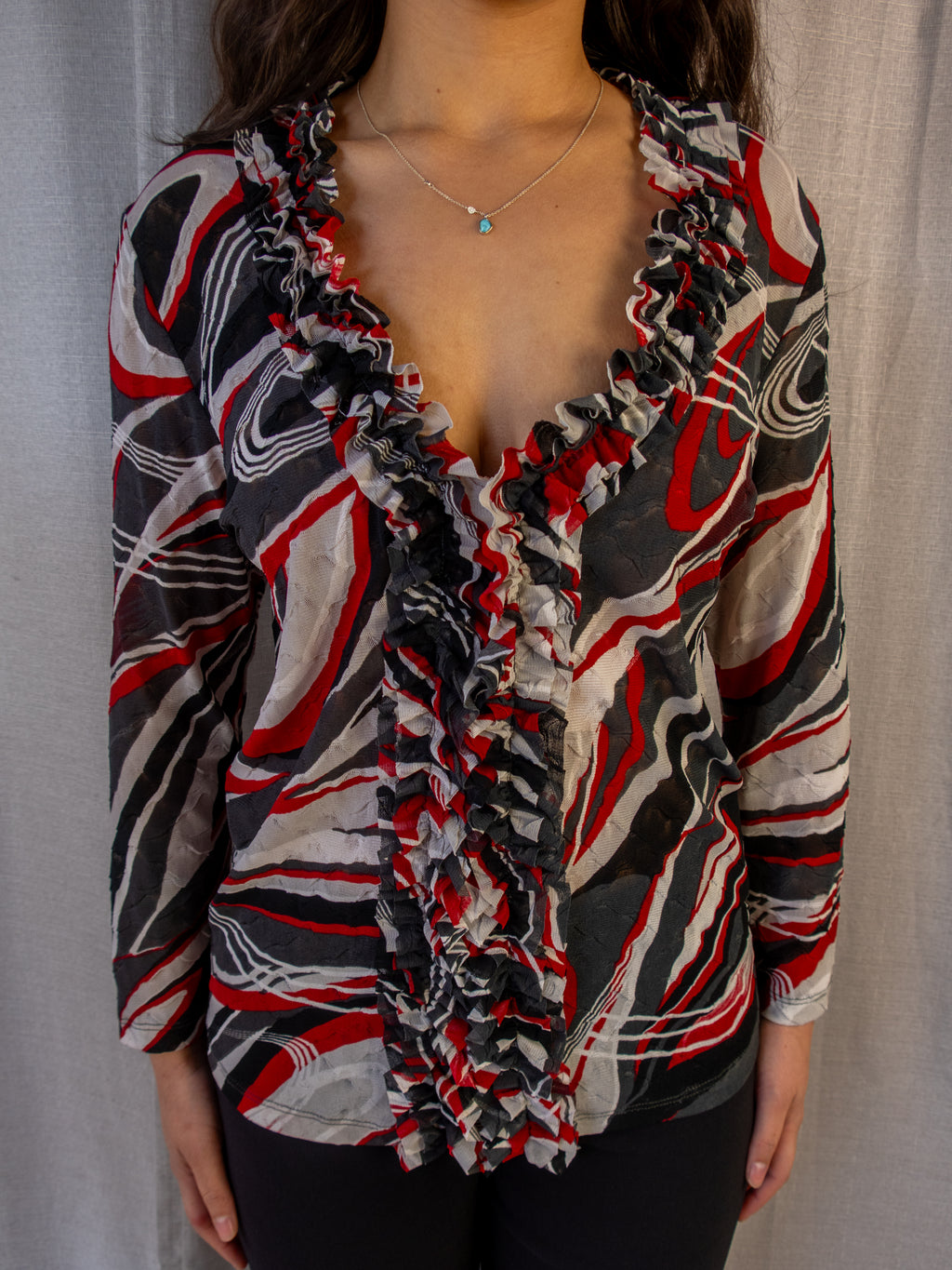 Y2K Simona Mesh Top - Abstract Print Ruffle - Size 12