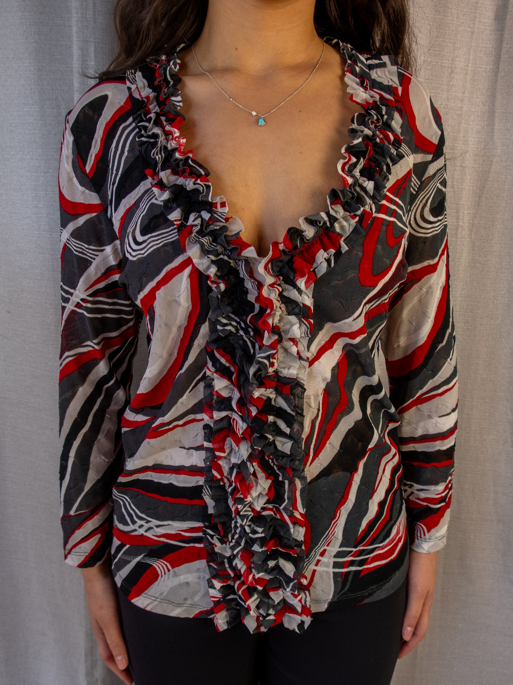 Y2K Simona Mesh Top - Abstract Print Ruffle - Size 12
