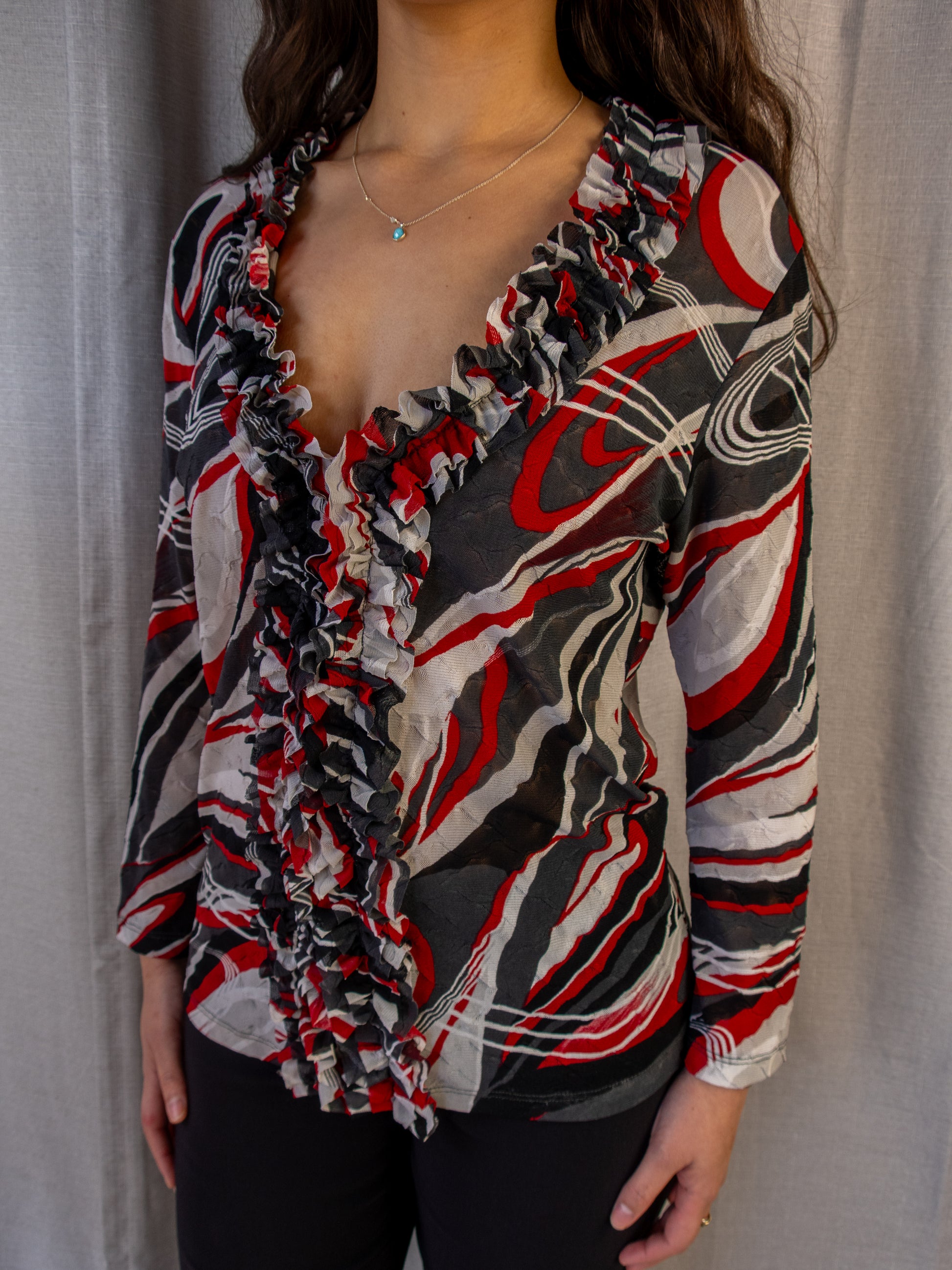 Y2K Simona Mesh Top - Abstract Print Ruffle - Size 12