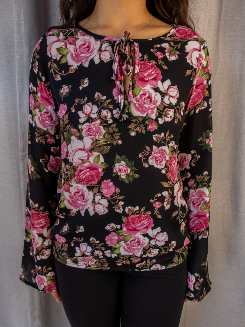 Vintage Prospect Blvd Sheer Floral Top - Black Pink Roses - Size Small