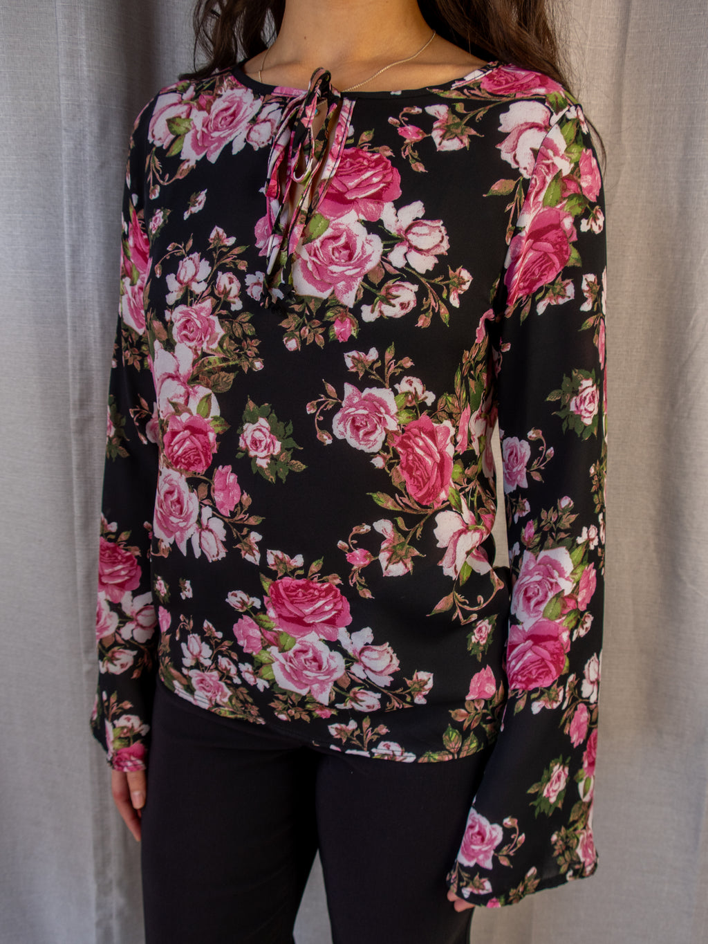 Vintage Prospect Blvd Sheer Floral Top - Black Pink Roses - Size Small