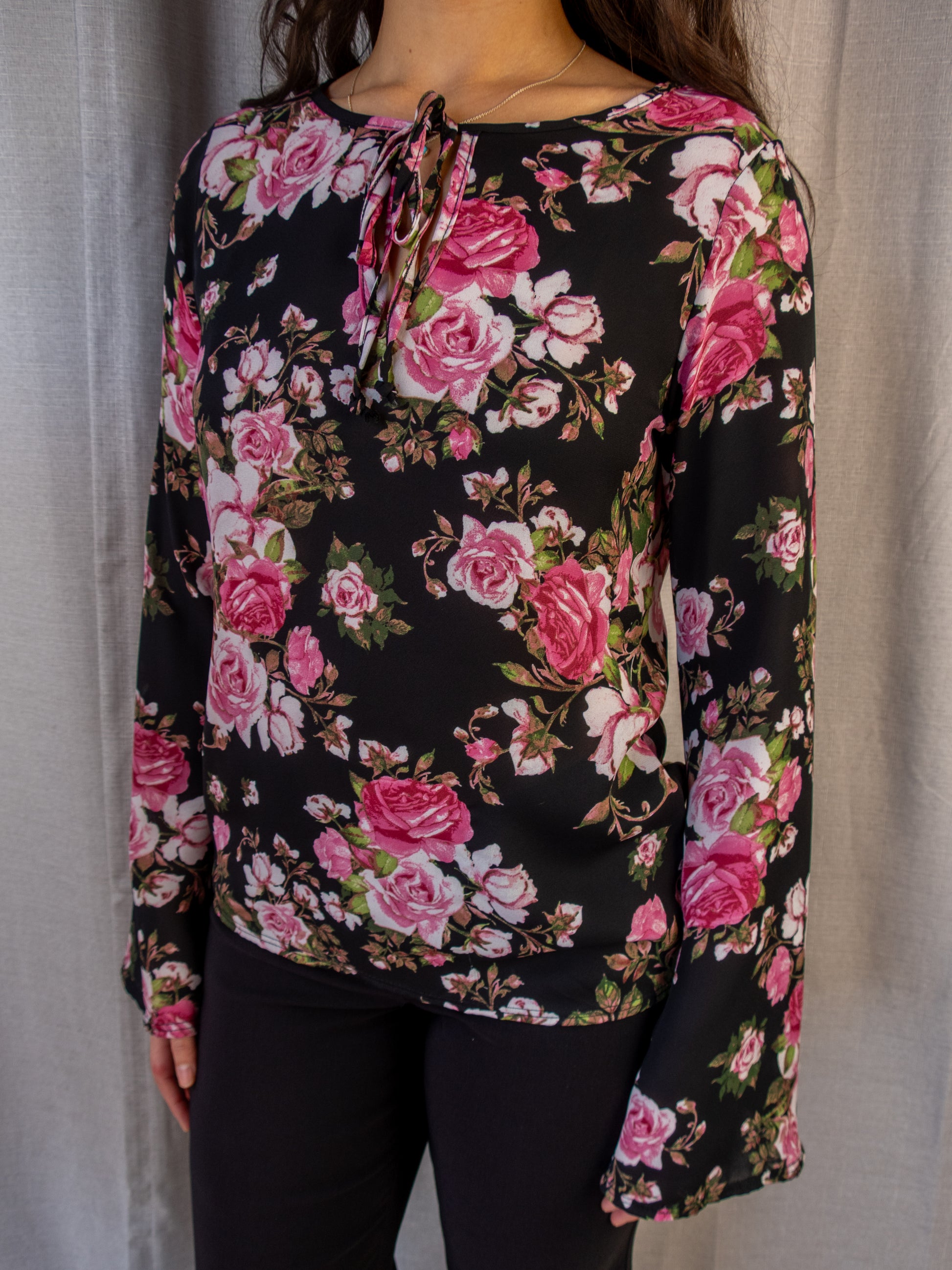 Vintage Prospect Blvd Sheer Floral Top - Black Pink Roses - Size Small