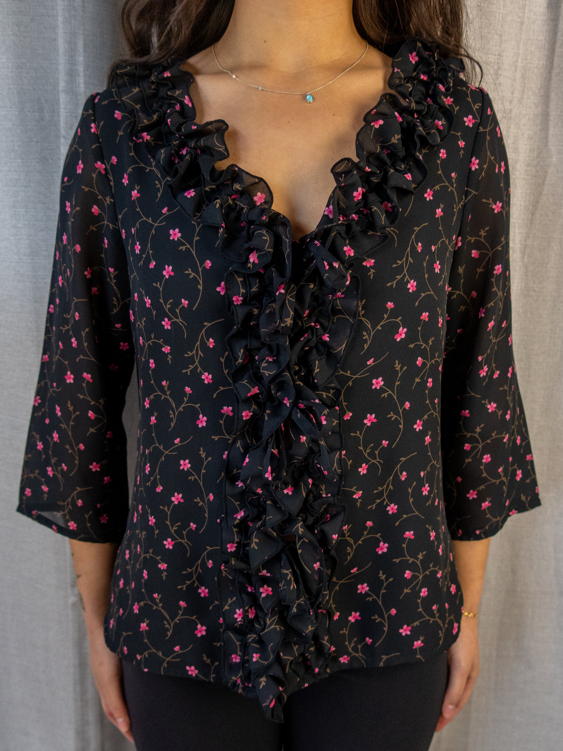 Y2K Liz Jordan Floral Ruffle Blouse - Black - Size M