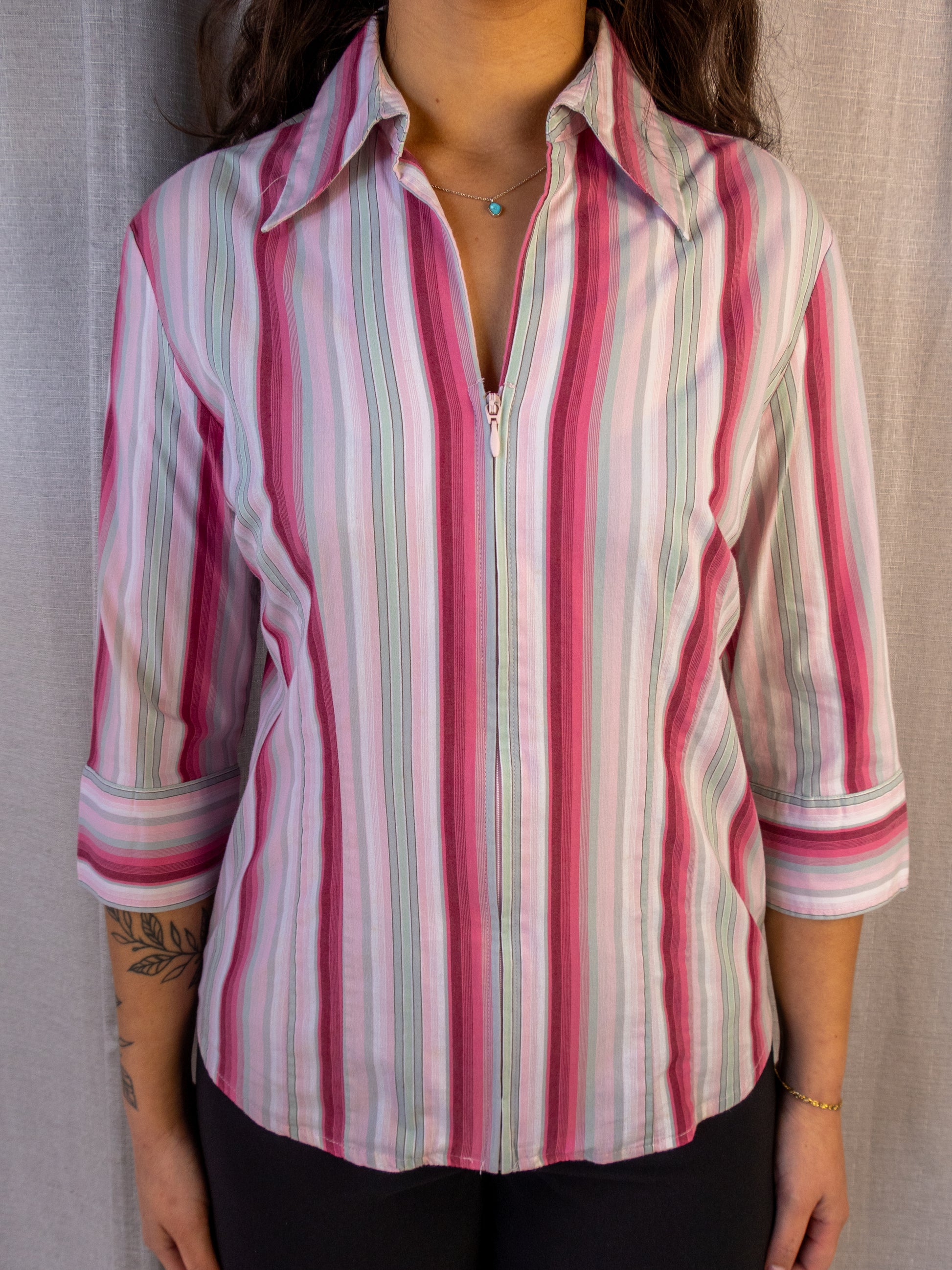 Y2K Miller’s Striped Zip Blouse - Pastel Pink - Size 10