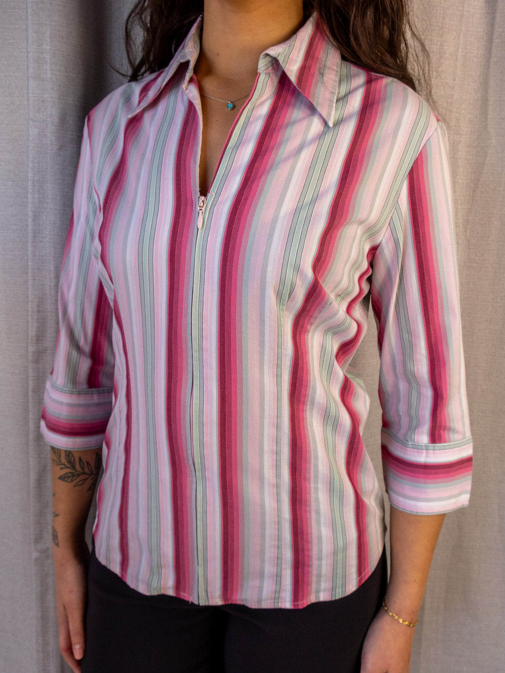 Y2K Miller’s Striped Zip Blouse - Pastel Pink - Size 10
