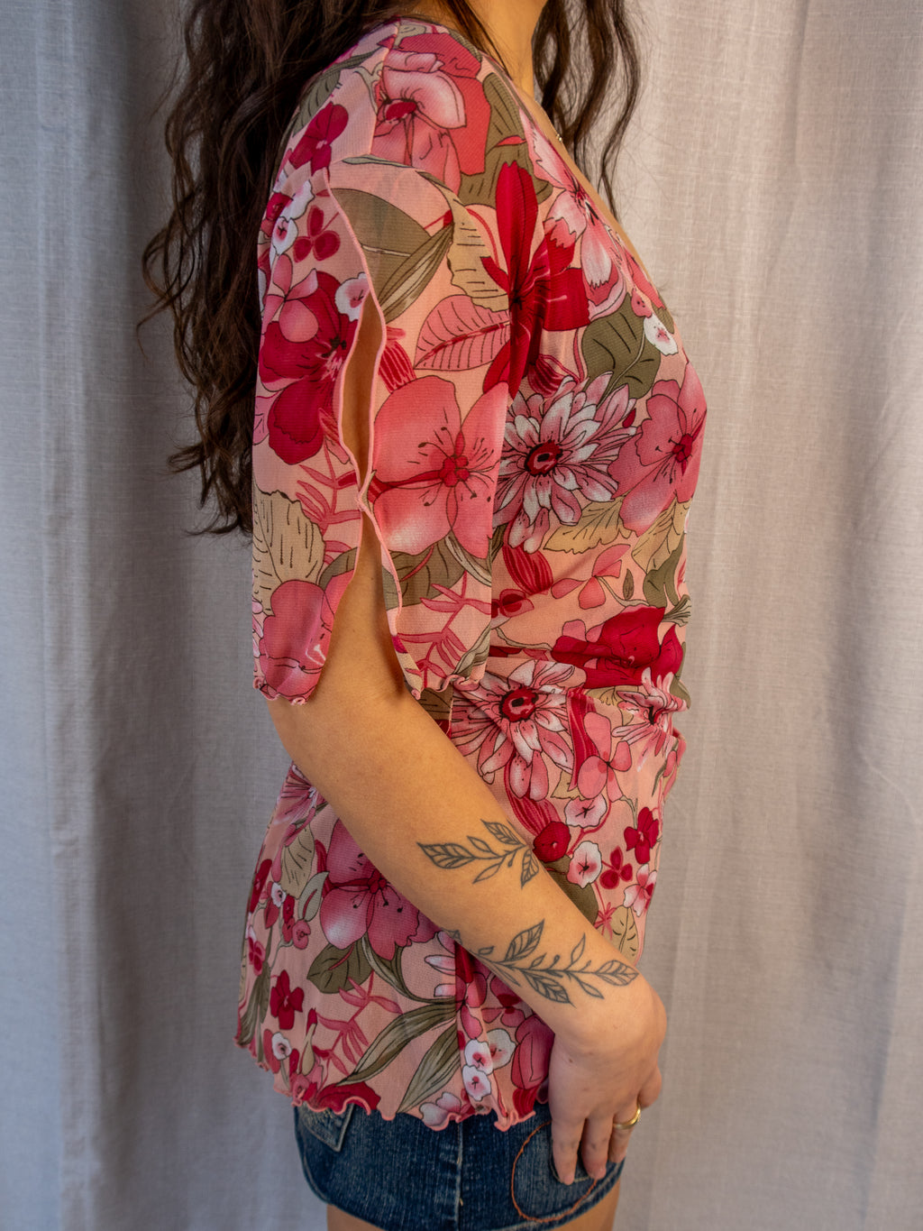 Y2K BeMe Floral Mesh Wrap Top - Pink - Size 12