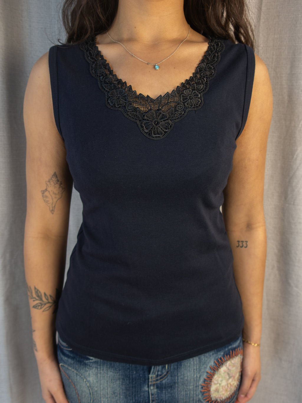 Y2K Sunflower Lace Trim Tank - Black Cotton - Size 12