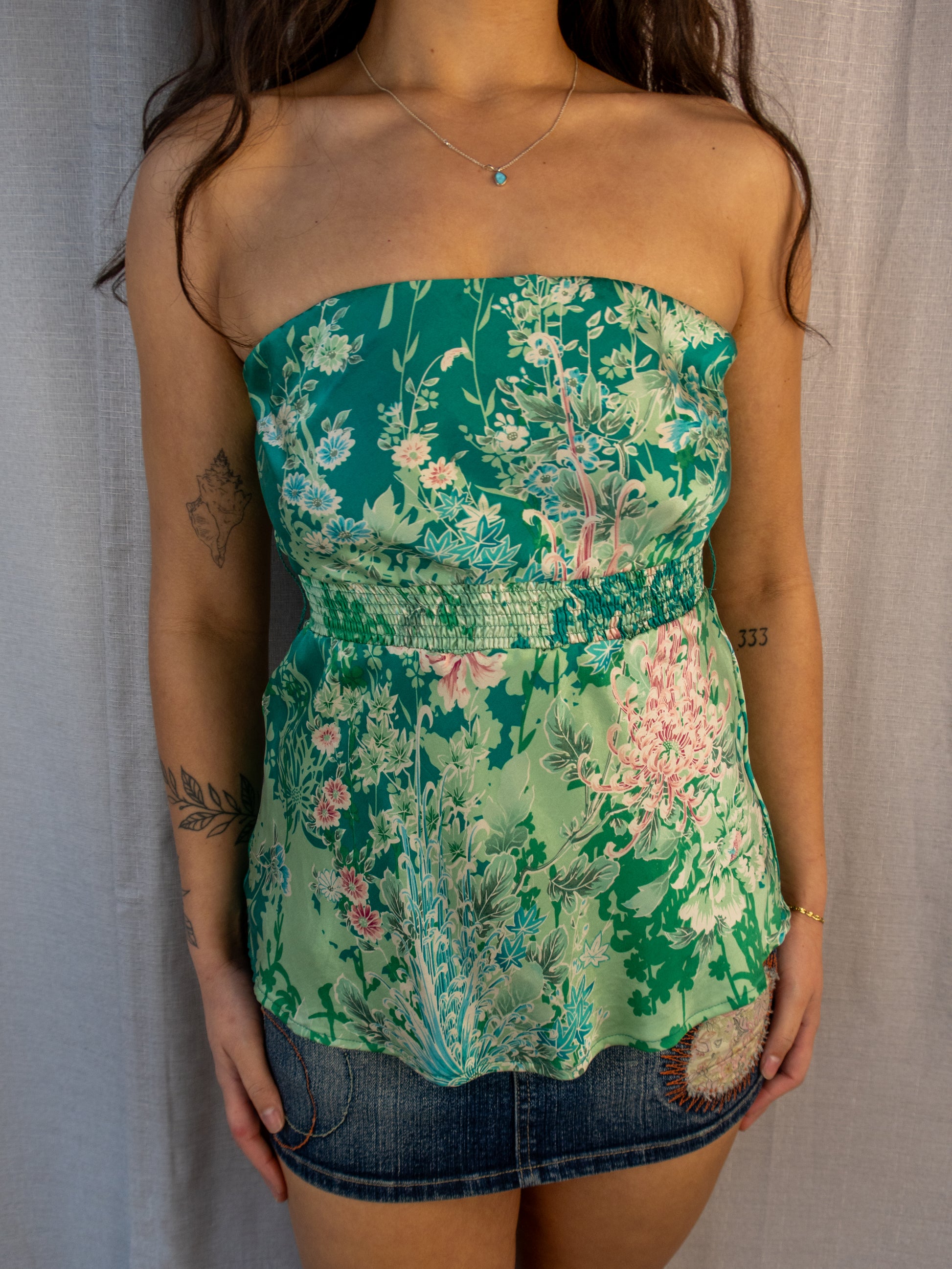 Y2K Warehouse Strapless Top - Green Floral - Size 8