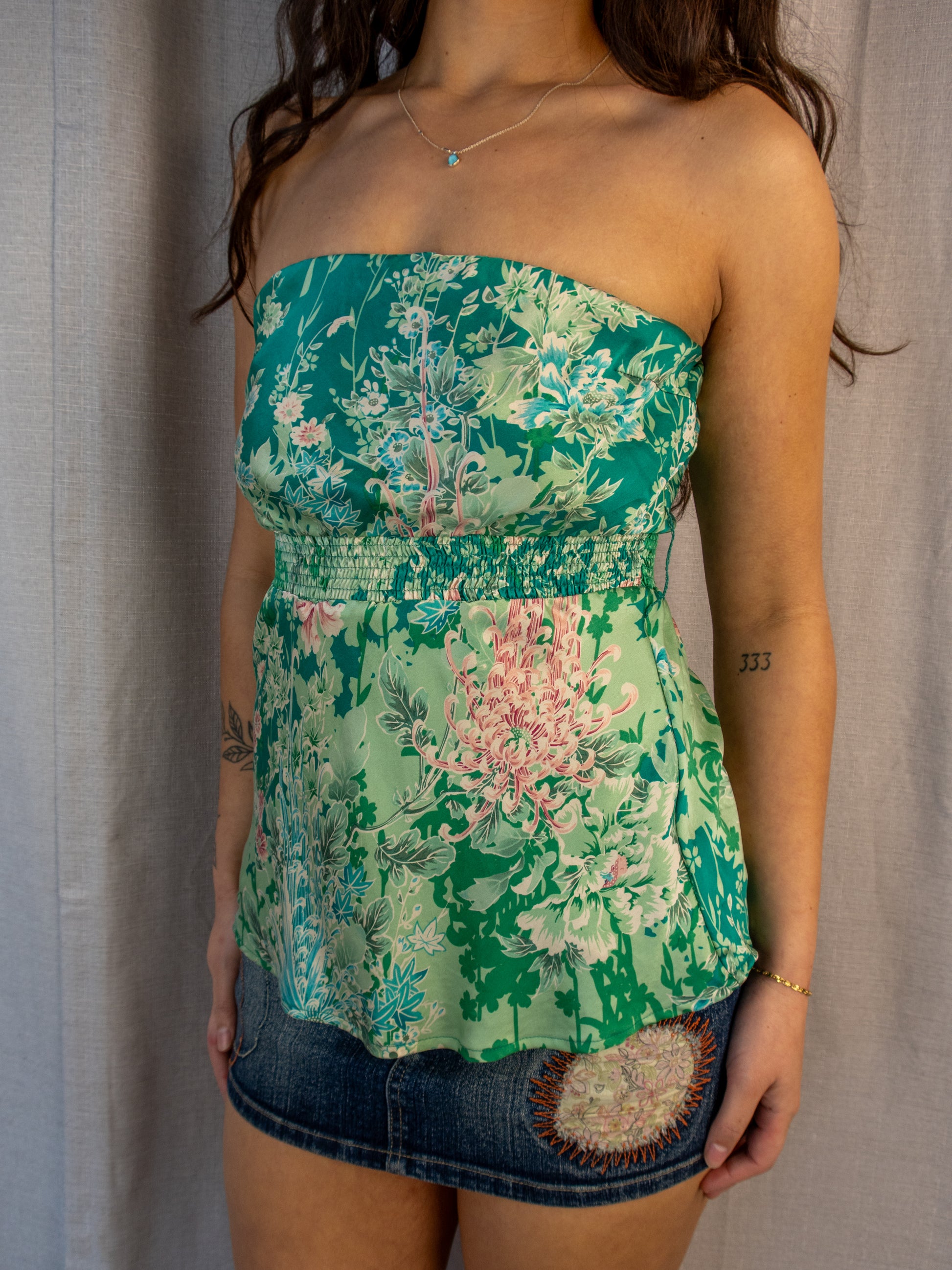 Y2K Warehouse Strapless Top - Green Floral - Size 8